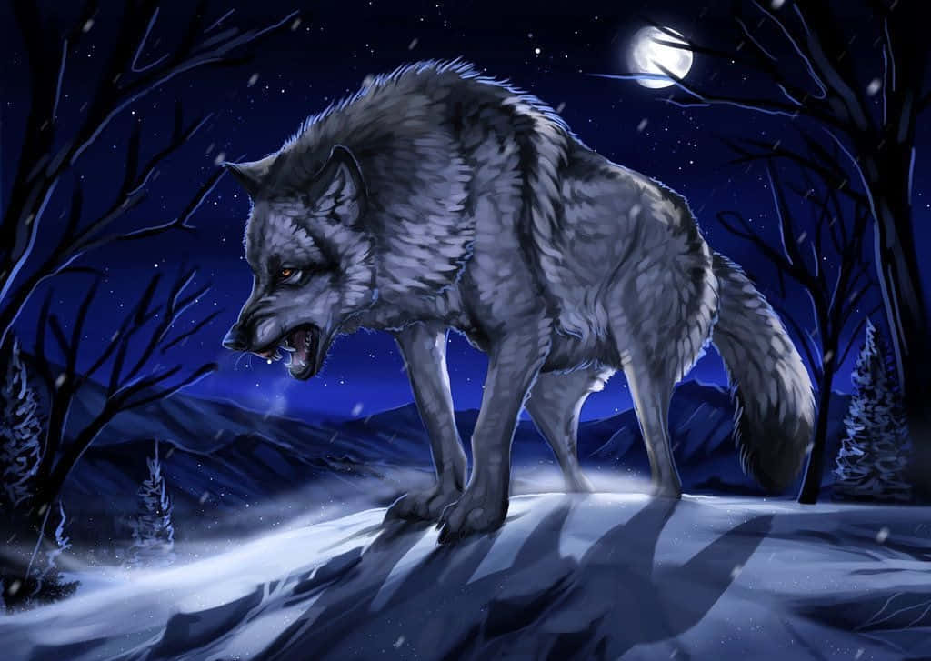 Dire Wolf, full moon, snowy winter forest, SD Desktop Wallpaper