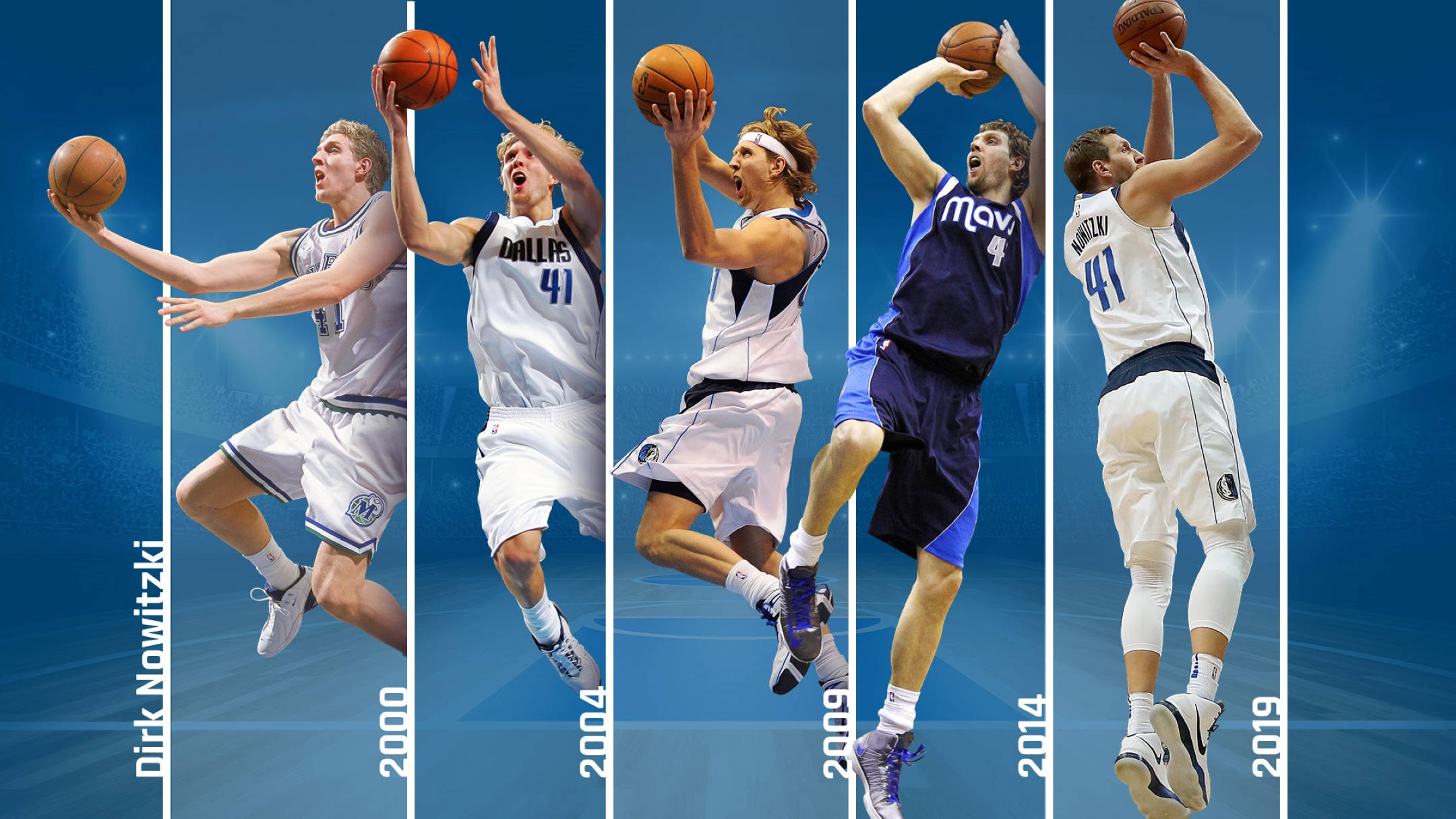 Dirk Nowitzki, 2000 to 2019, blue gradient background, Full HD Desktop Wallpaper