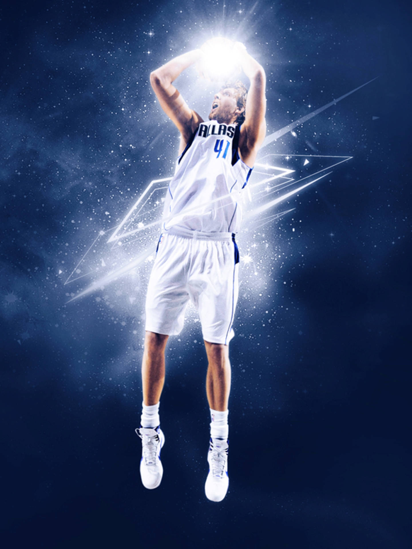 Dirk Nowitzki, white jersey, starry night sky, Full HD Phone Wallpaper