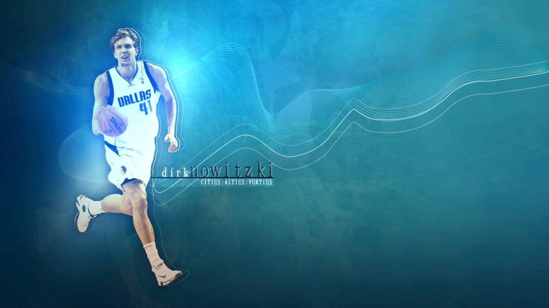 Dirk Nowitzki, white Dallas jersey, glowing blue abstract background, Full HD Desktop Wallpaper