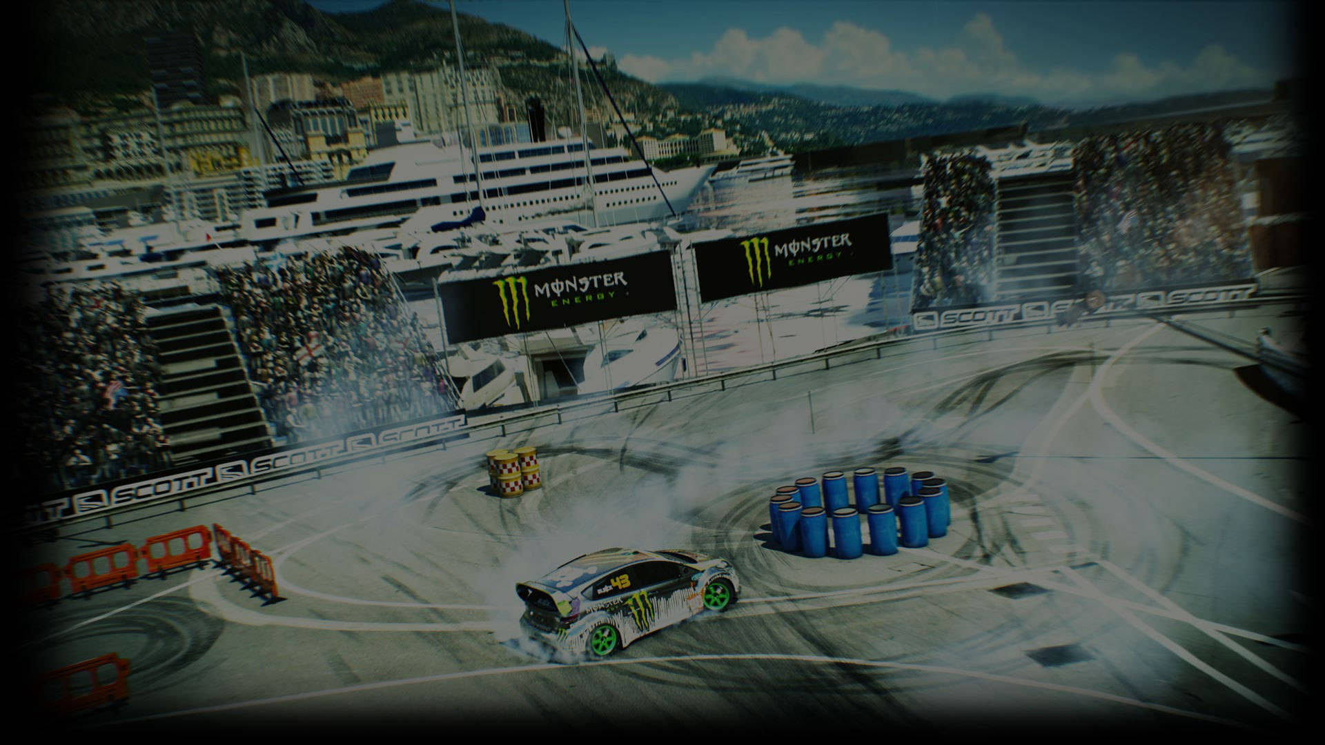 Dirt 3, drift car, blue barrels, Full HD Desktop Wallpaper