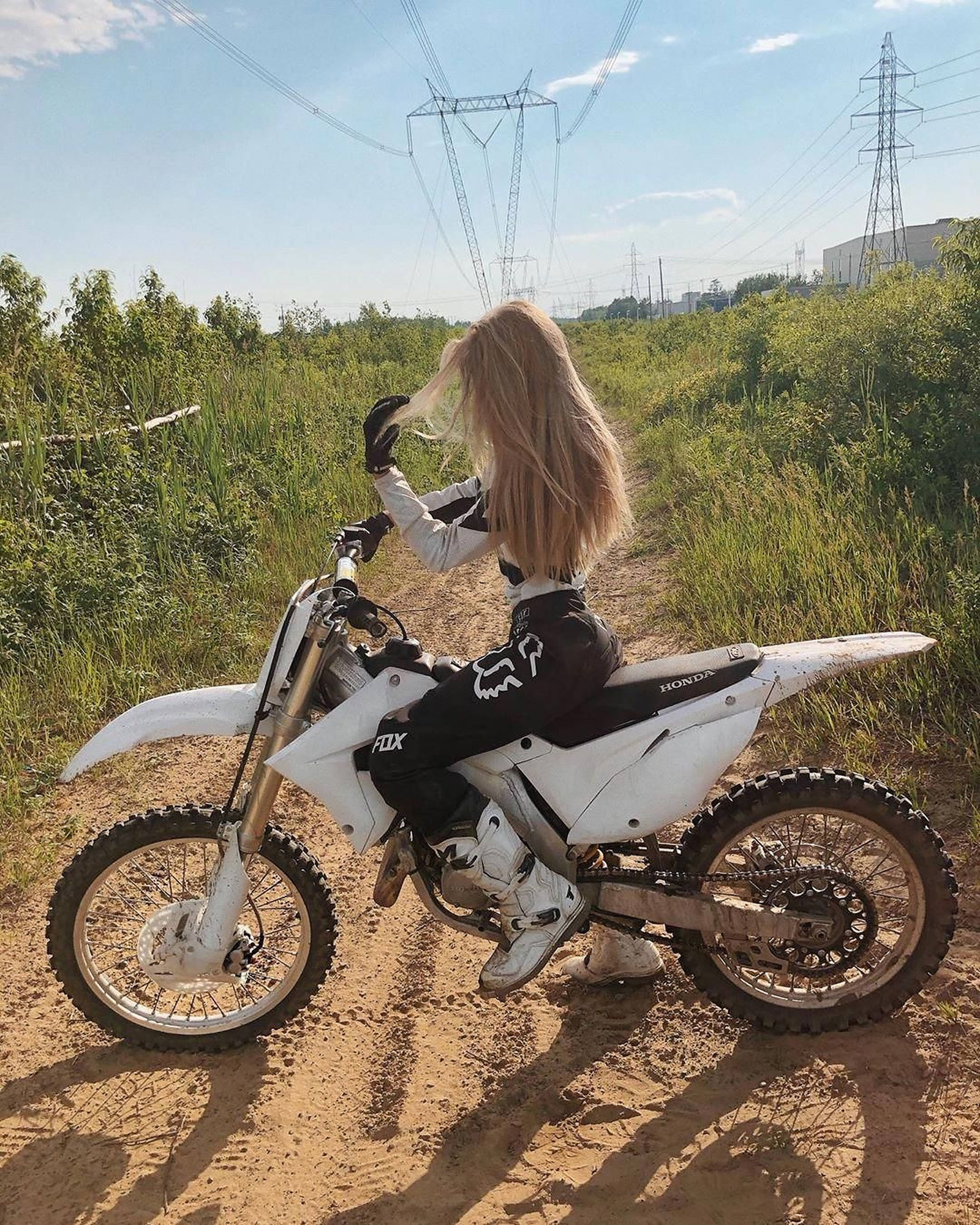 blonde woman, motocross gear, white Honda dirt bike, 2K Phone Wallpaper
