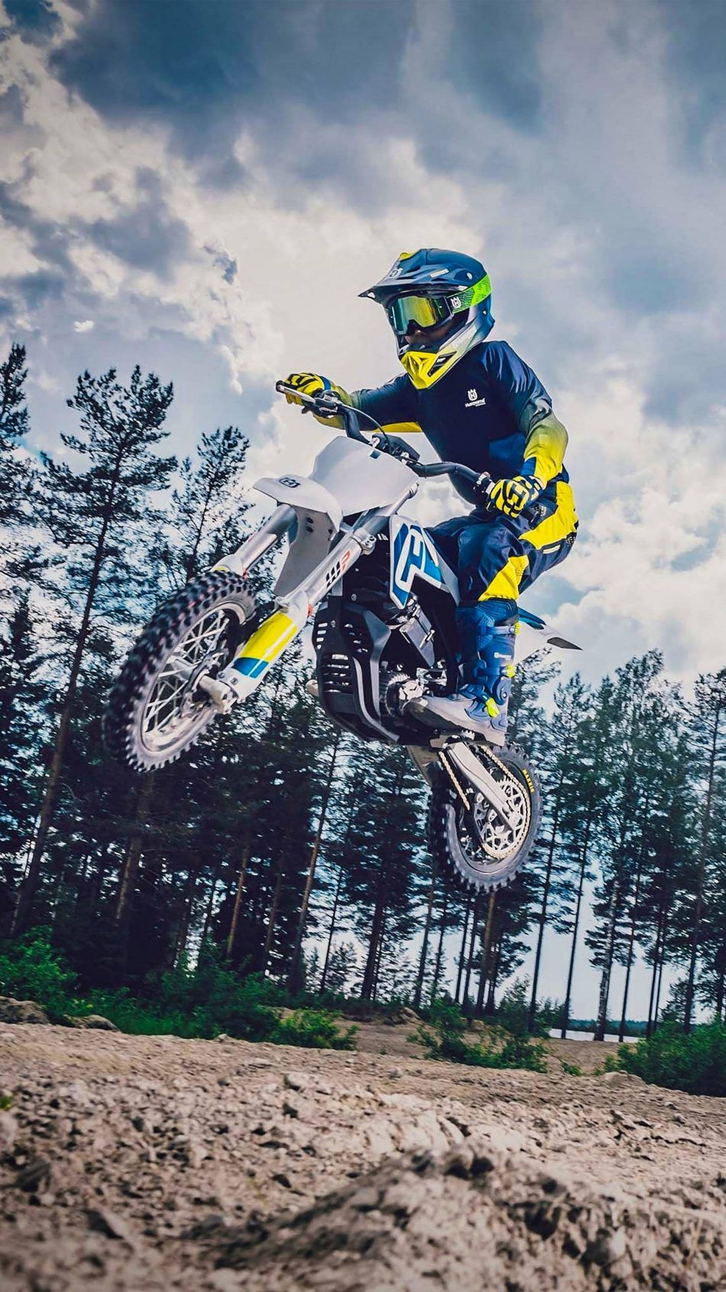 dirt bike, motocross rider, blue and yellow gear, Full HD Phone Wallpaper