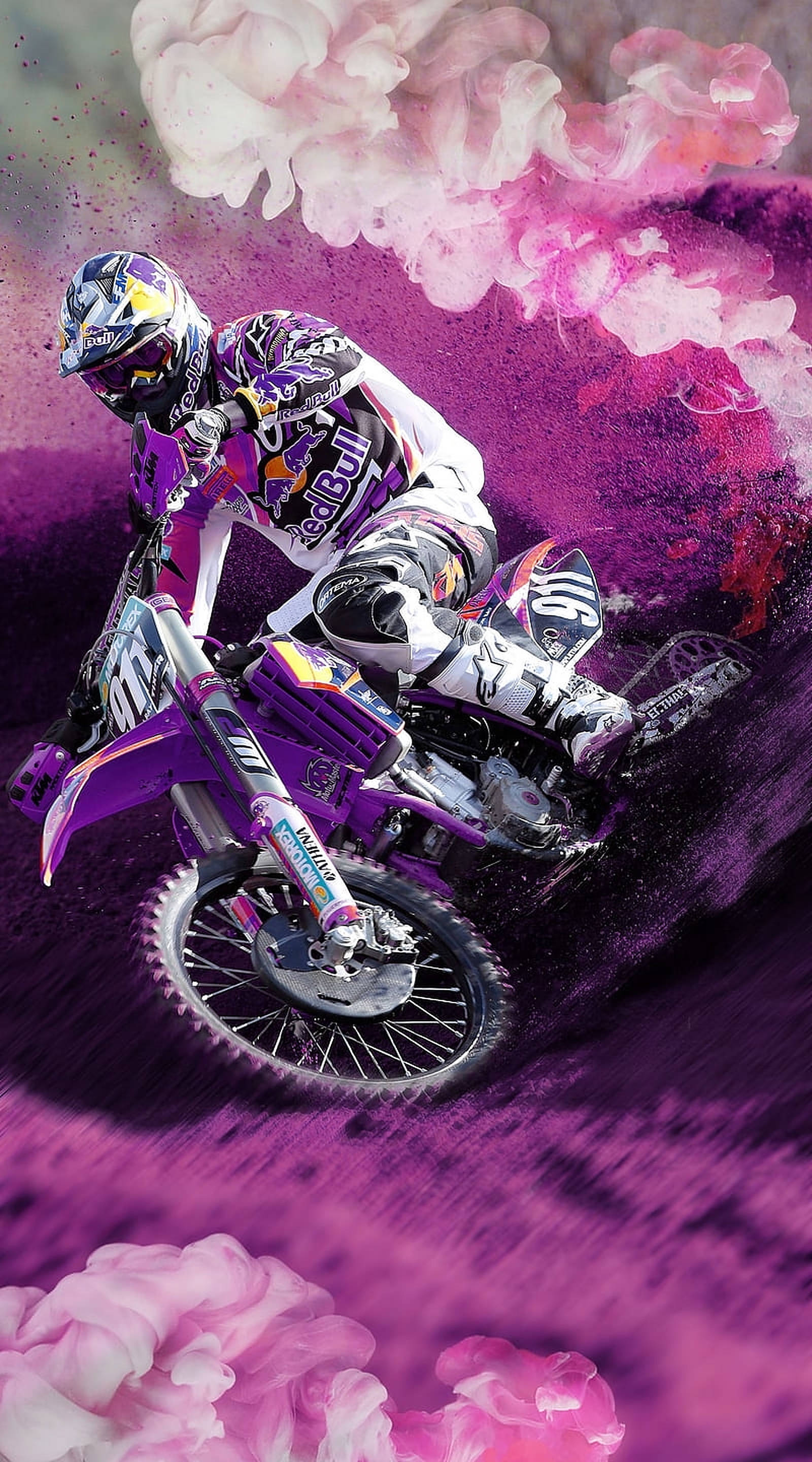 dirt bike, pink smoke, vibrant purple bike, 2K Phone Wallpaper
