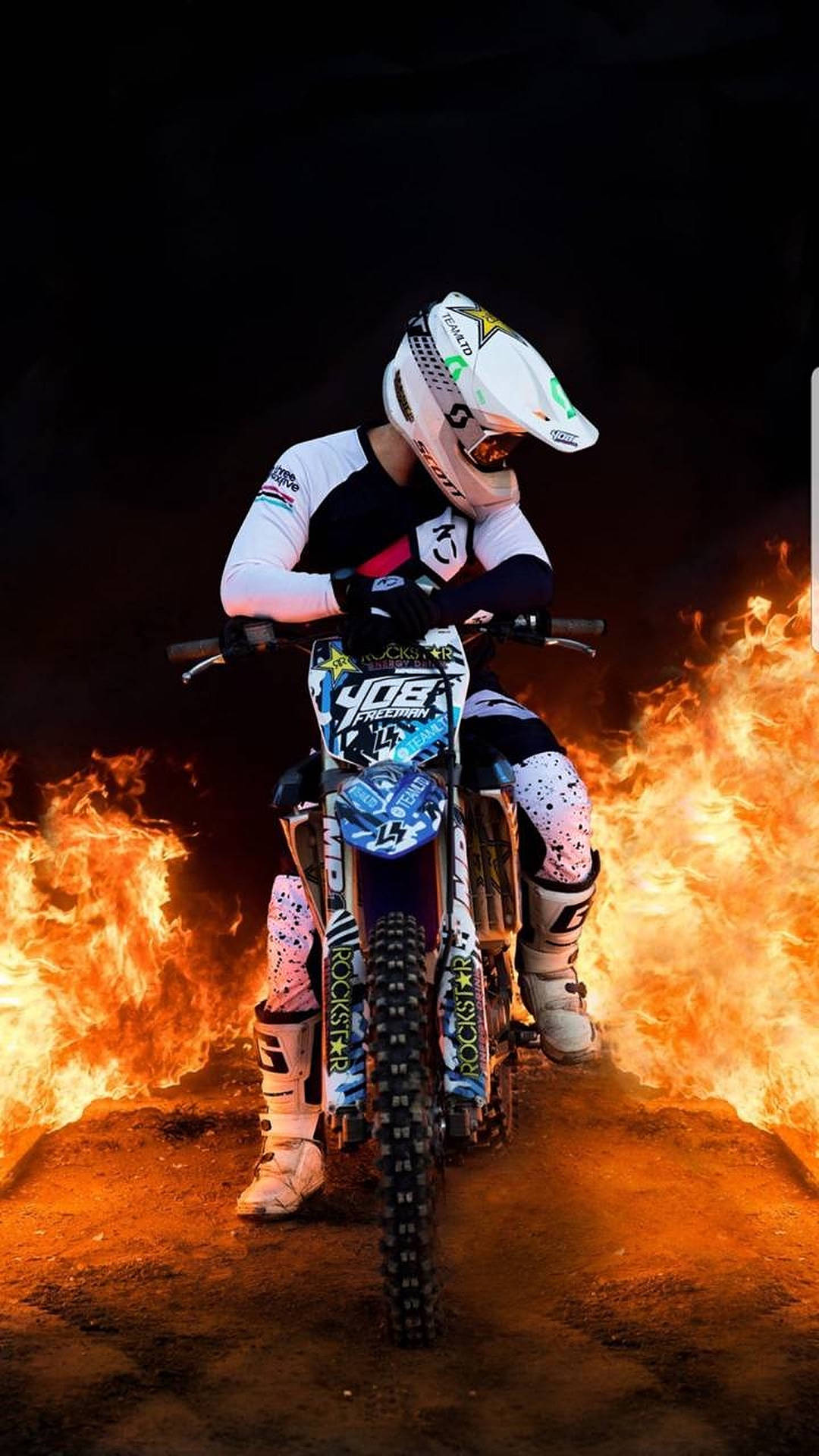 dirt bike, flames, motocross rider, Full HD Phone Wallpaper