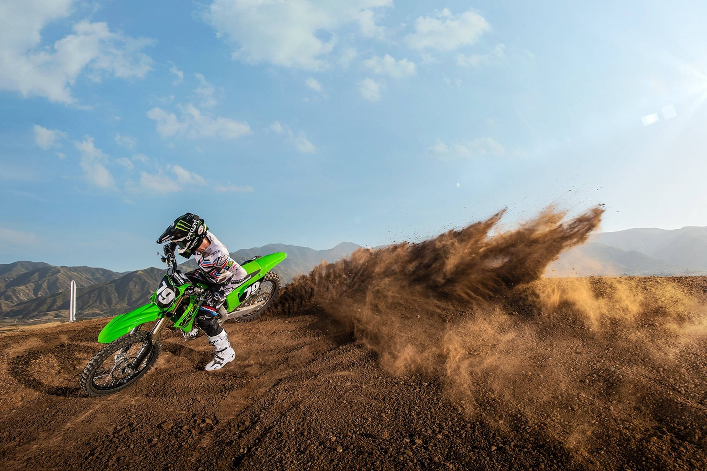 dirt bike, green bike, rugged dirt track, Full HD Desktop Wallpaper