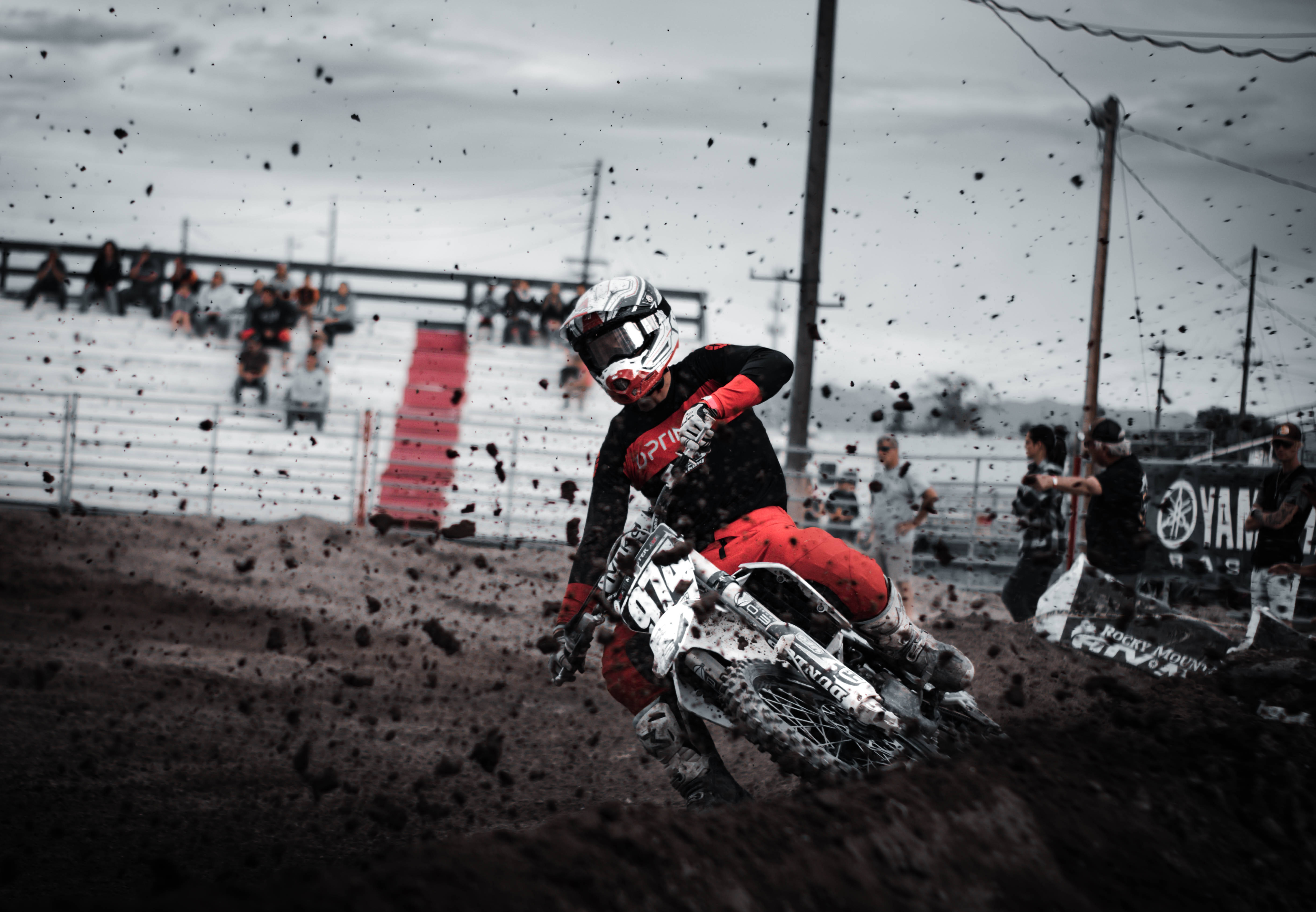 motocross rider, red and black gear, muddy turn, 5K Desktop Wallpaper