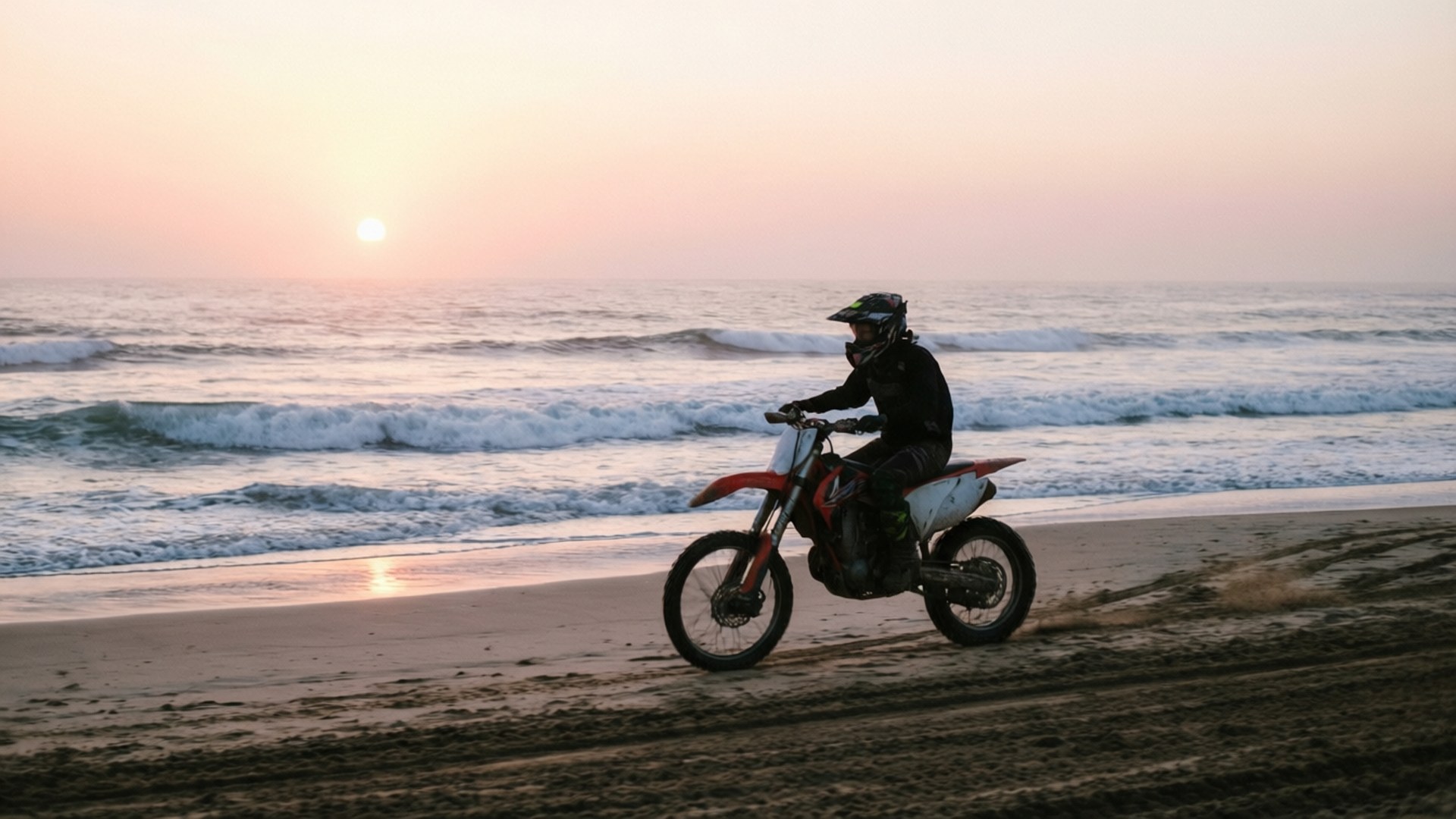 red dirt bike, sandy beach, sunset, Full HD Desktop Wallpaper