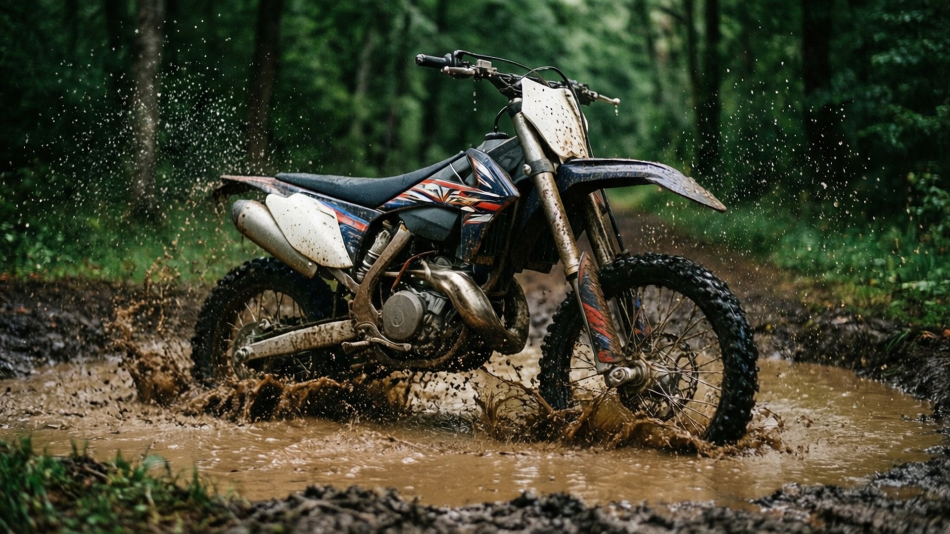 mud splash forest, dirt bike, forest puddle, Full HD Desktop Wallpaper
