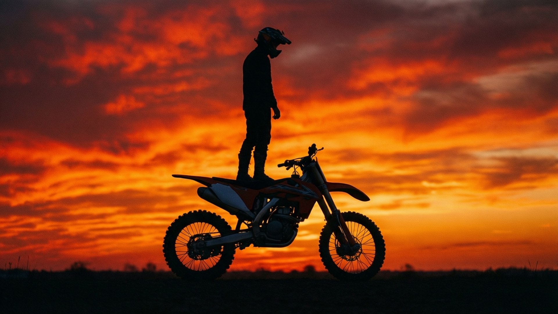 dirt bike, silhouette, fiery orange and red sunset sky, Full HD Desktop Wallpaper