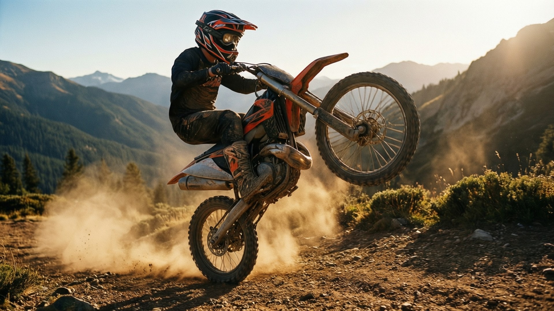 mountain trail, sunset, orange dirt bike, Full HD Desktop Wallpaper