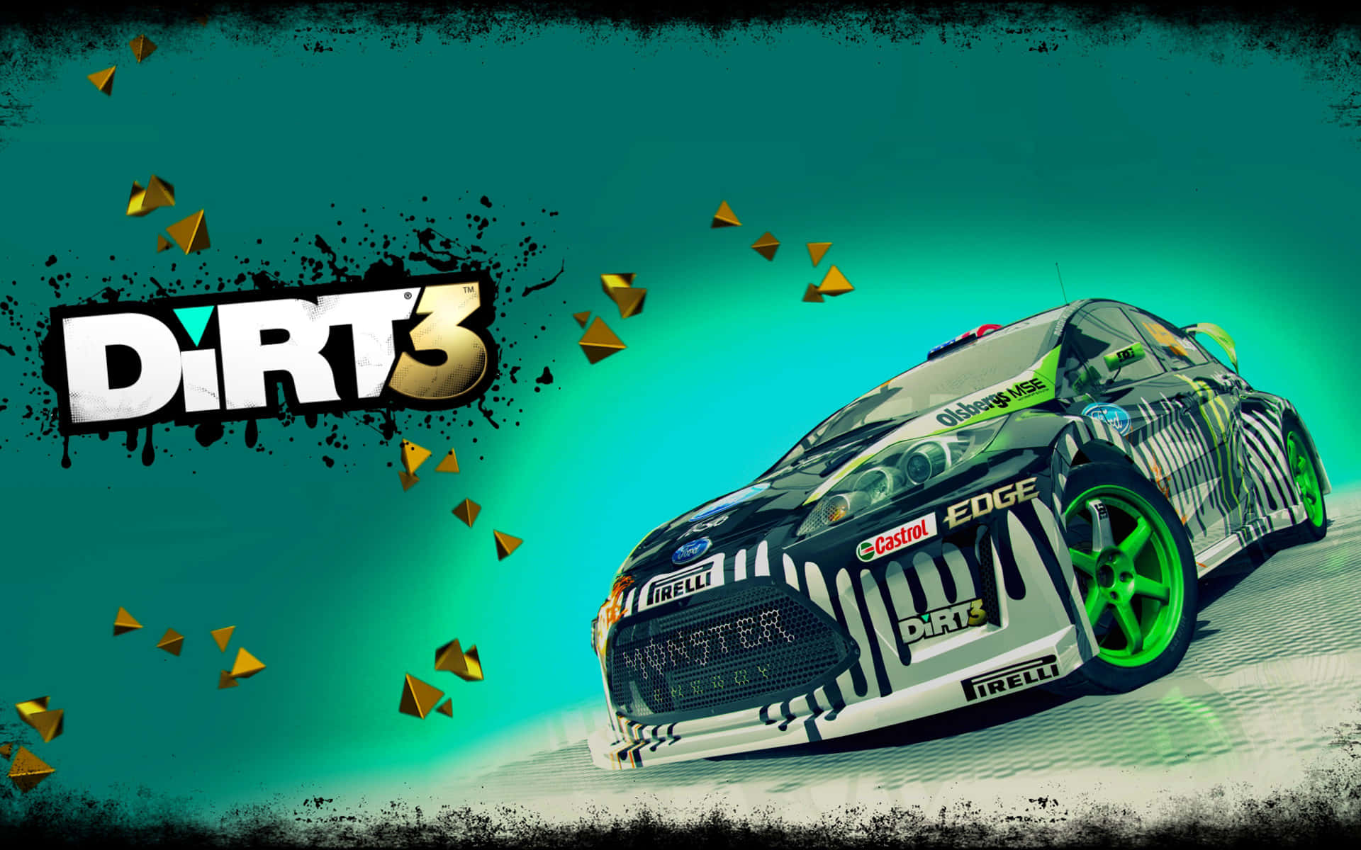Dirt 3, green accents, teal background, Full HD Desktop Wallpaper