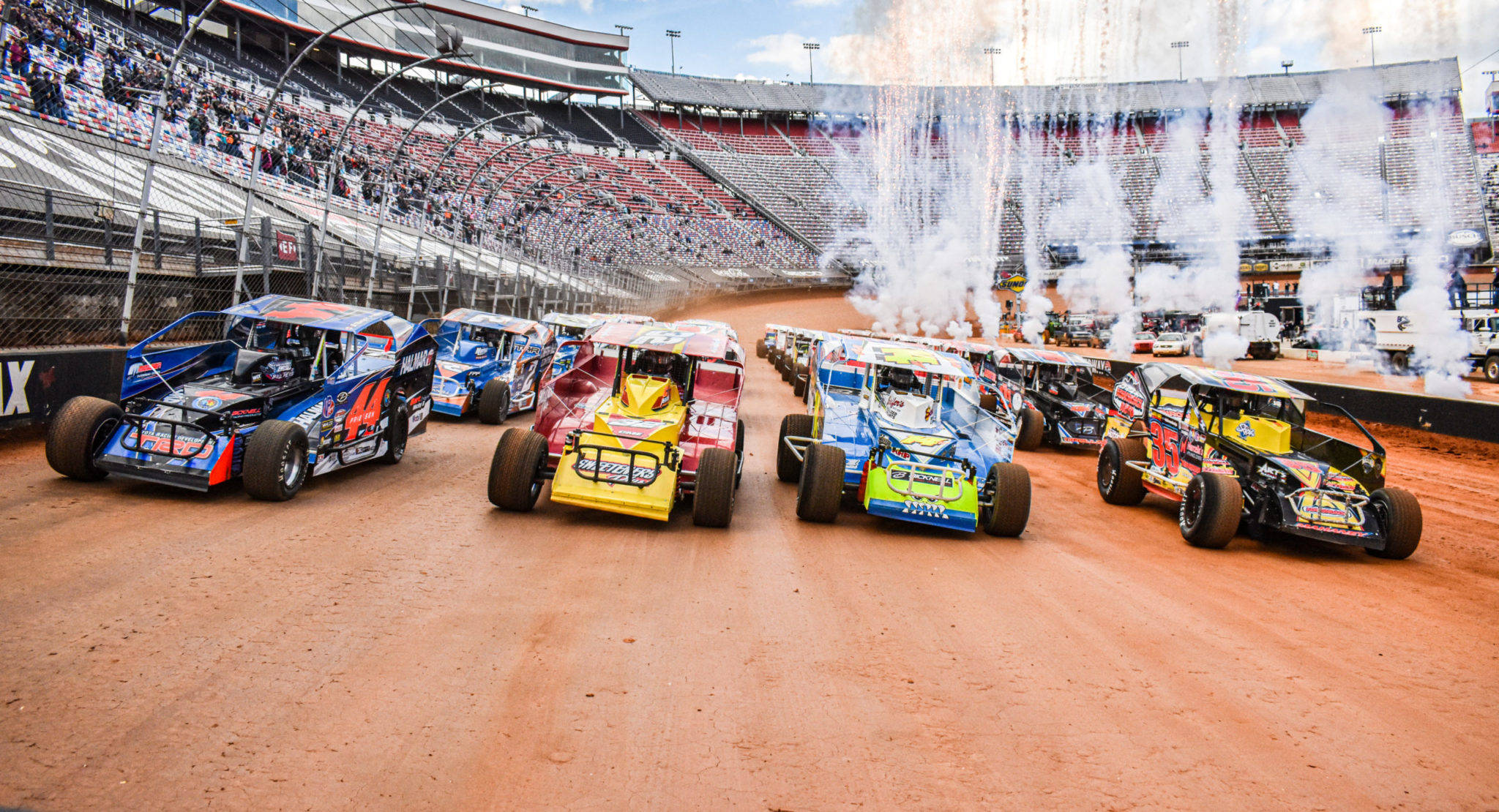dirt track cars, stadium track, smoke billowing from engines, Full HD Desktop Wallpaper