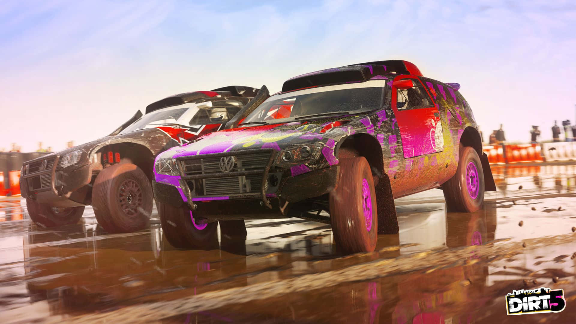 Dirt Game, mud-splattered rally cars, vibrant graffiti-style paint jobs, Full HD Desktop Wallpaper