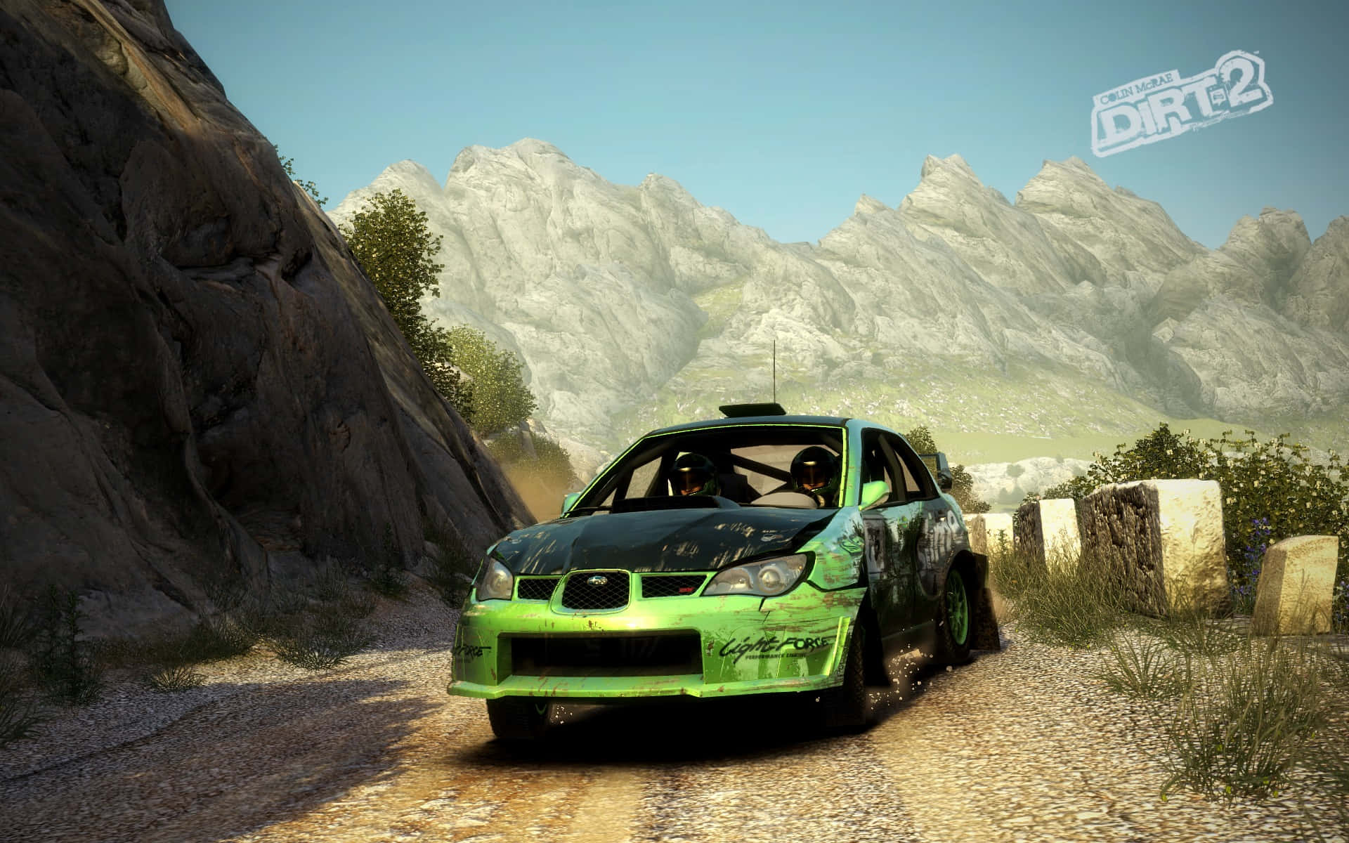 Dirt Game, green car, mountain road, Full HD Desktop Wallpaper