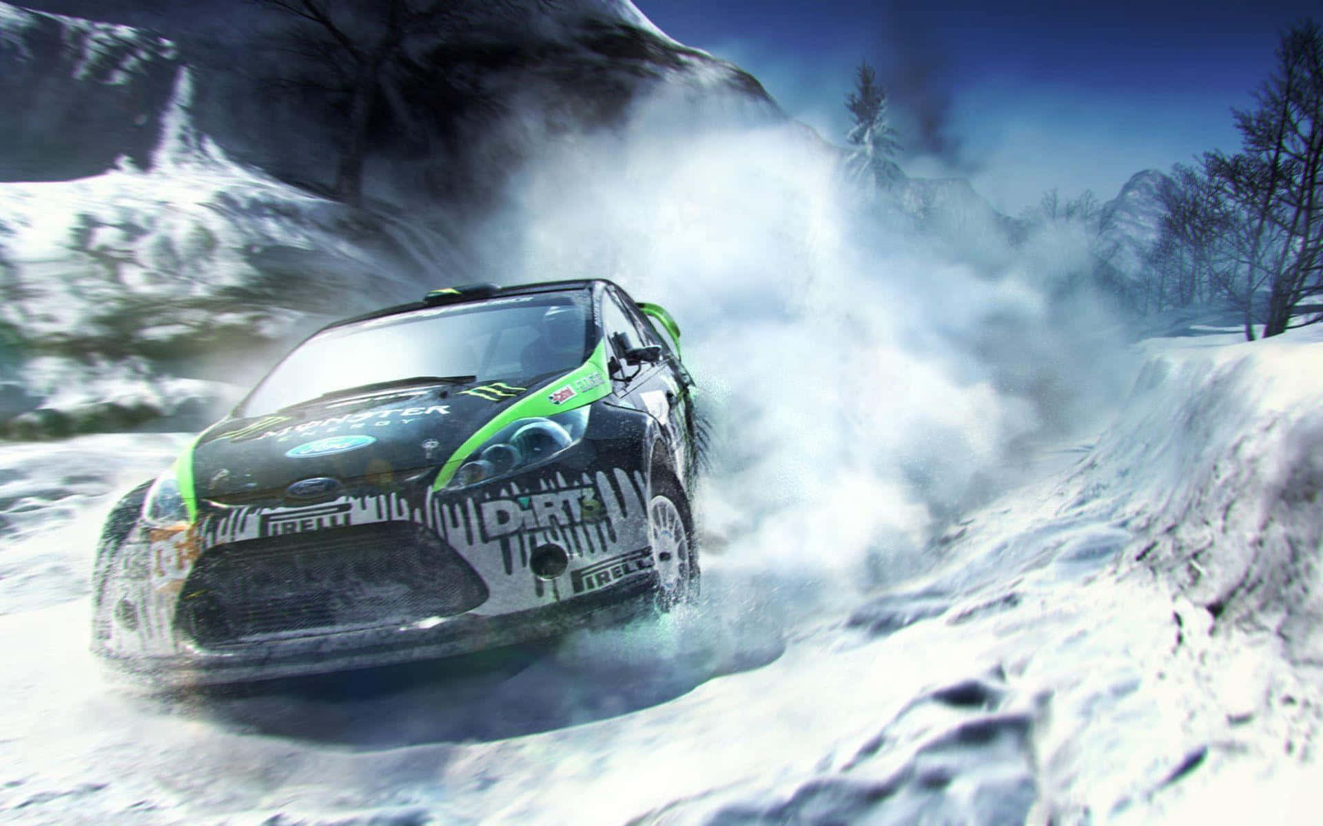 Dirt Game, green and black rally car, snowy mountain pass, Full HD Desktop Wallpaper