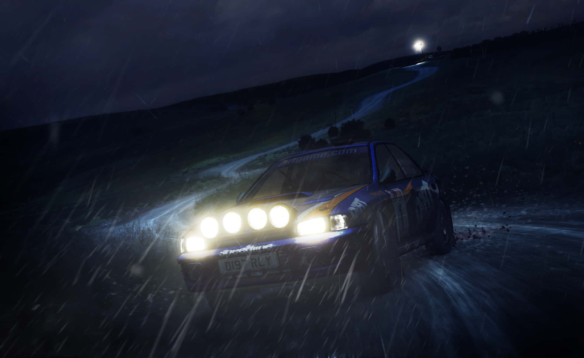 rally car, bright headlights, heavy rain, Full HD Desktop Wallpaper
