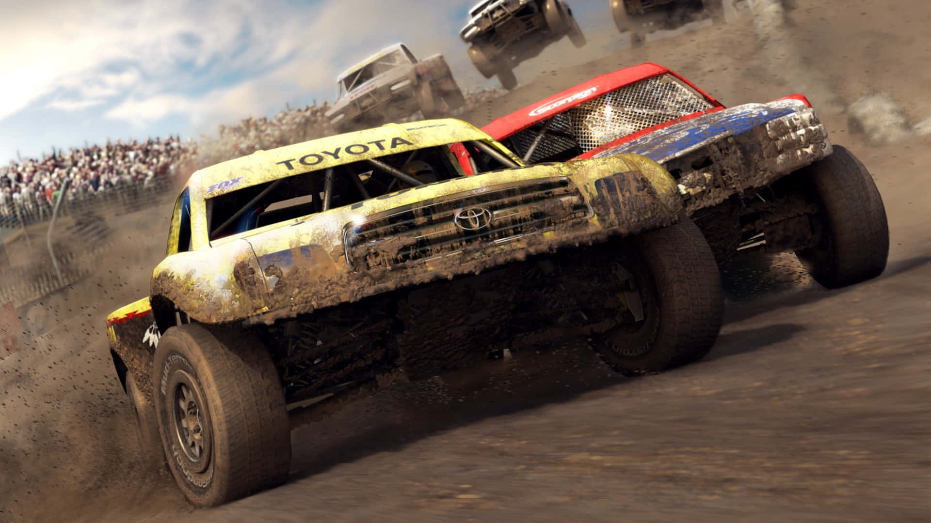 Dirt Game, mud-splattered monster trucks, dusty off-road race, Full HD Desktop Wallpaper