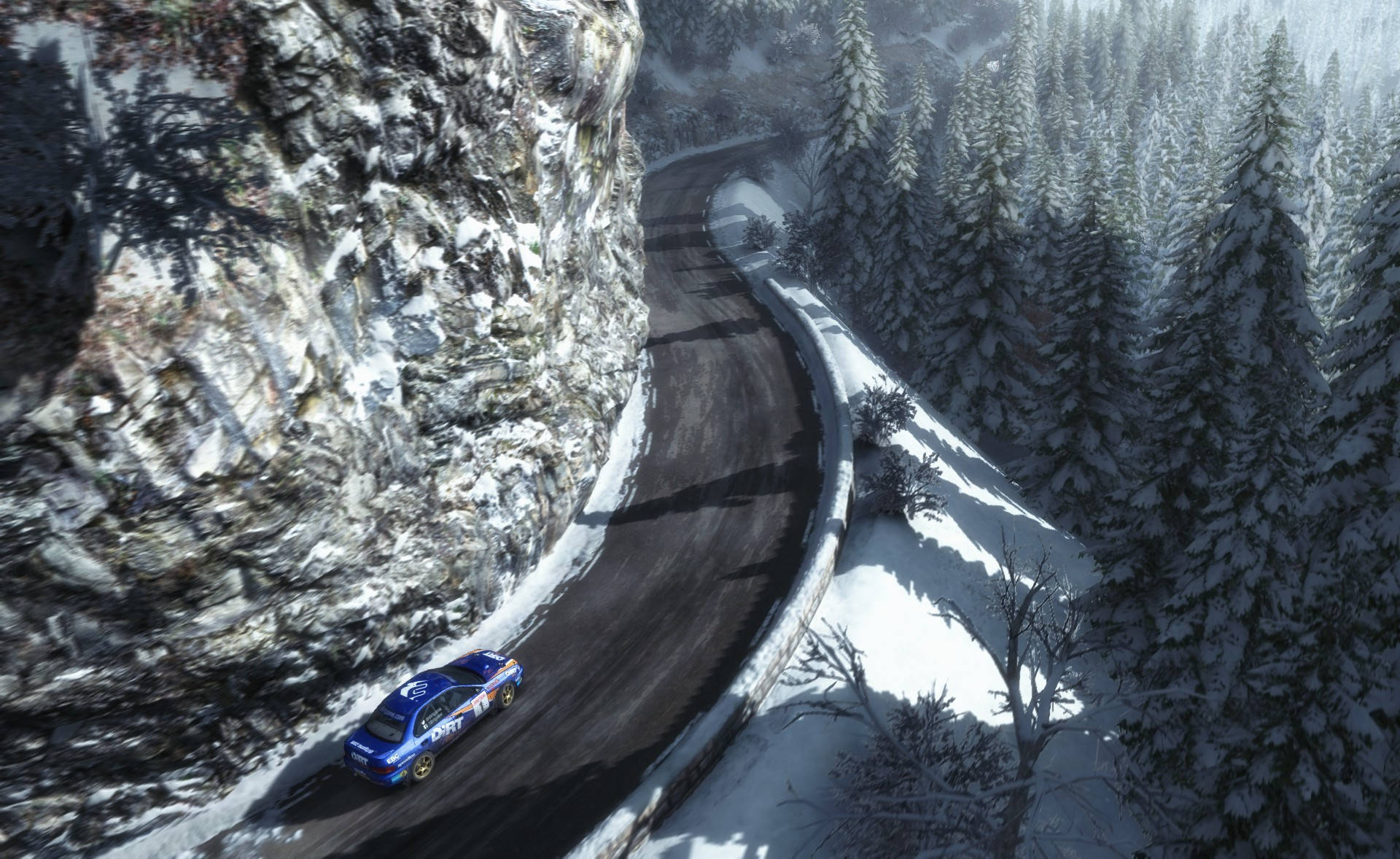 Dirt Rally, blue rally car, winding snowy mountain road, Full HD Desktop Wallpaper
