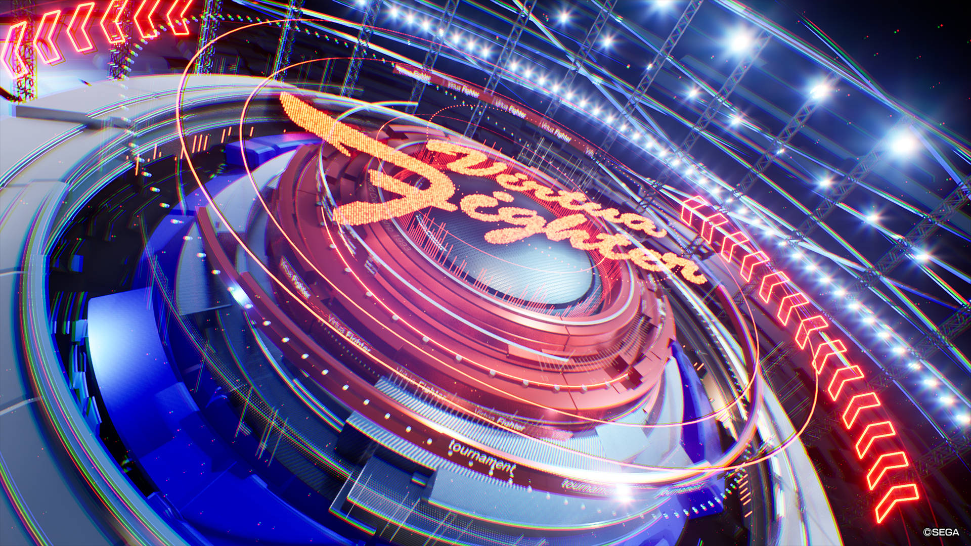 Dirt Showdown, circular race track, neon red and blue lights, Full HD Desktop Wallpaper