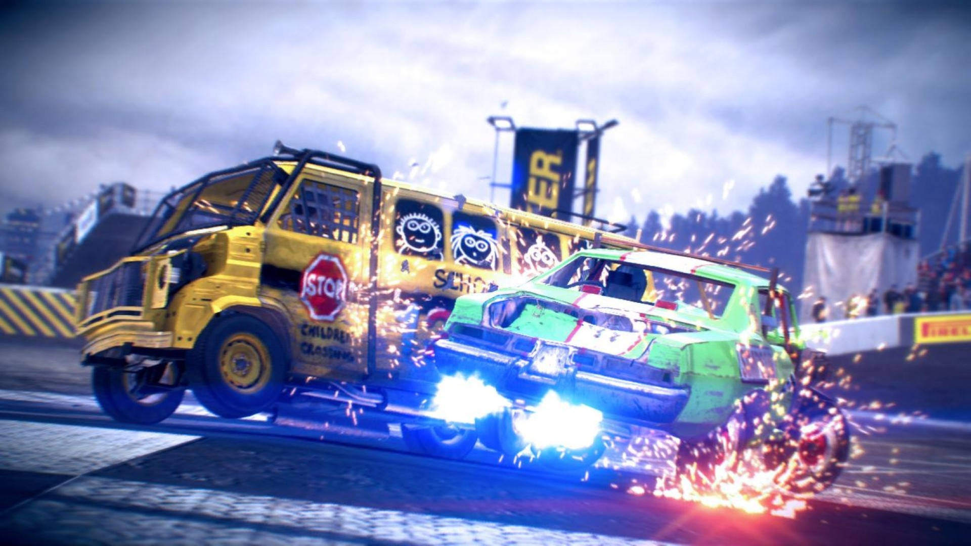 Dirt Showdown, yellow school bus, green car, Full HD Desktop Wallpaper