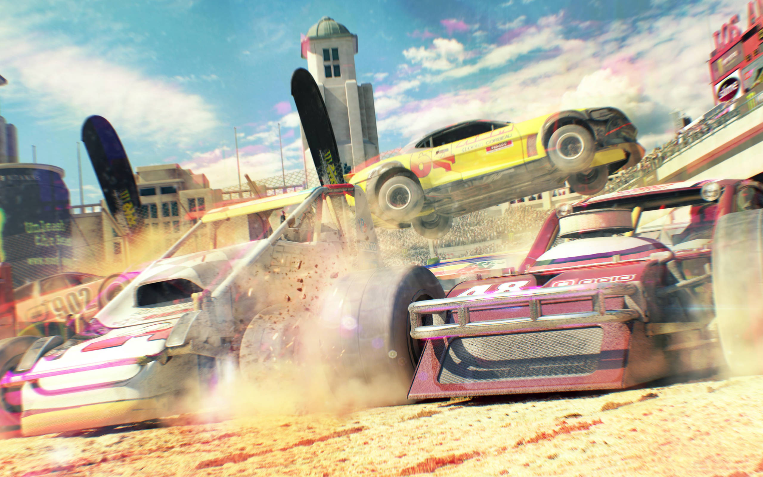 Dirt Showdown, yellow car, dusty urban arena, 2K Desktop Wallpaper