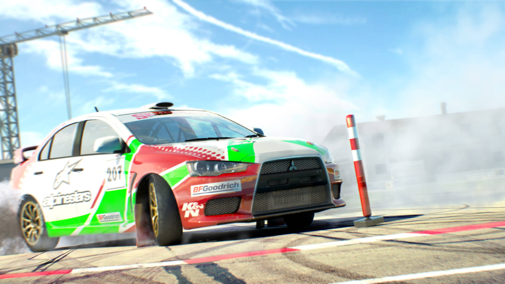 Dirt Showdown, metal pole, red green and white rally car, Full HD Desktop Wallpaper
