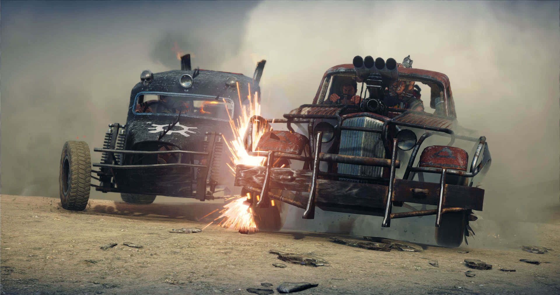 post apocalyptic vehicle showdown, battered off-road vehicles, dusty desert, Full HD Desktop Wallpaper