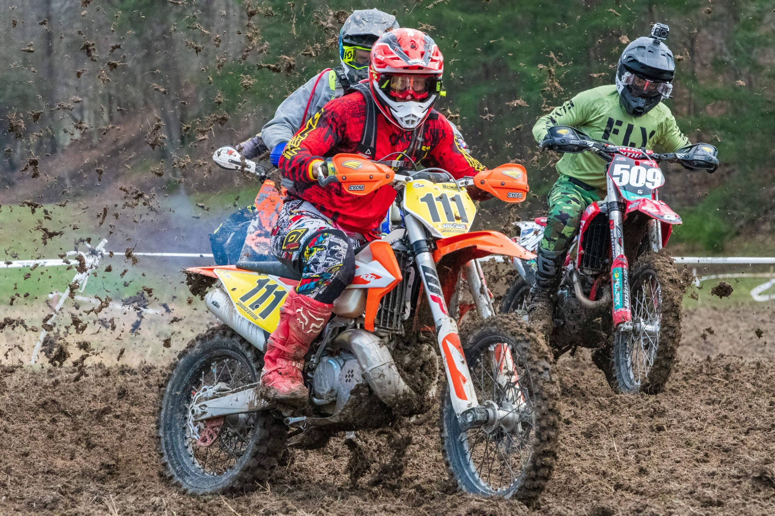 Dirtbike Race, muddy terrain, forest track, 2K Desktop Wallpaper
