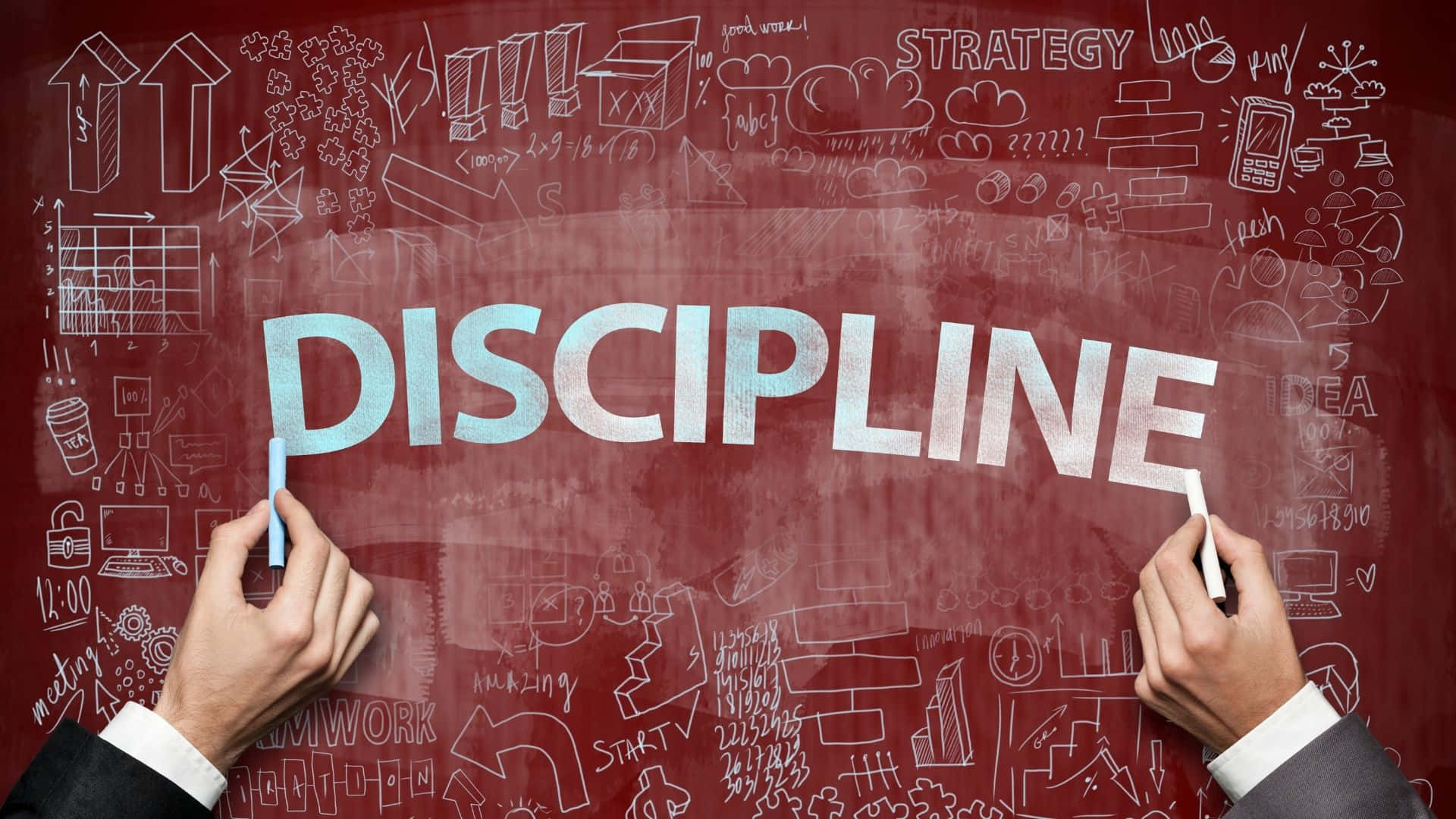 Discipline, red chalkboard, business doodles, Full HD Desktop Wallpaper