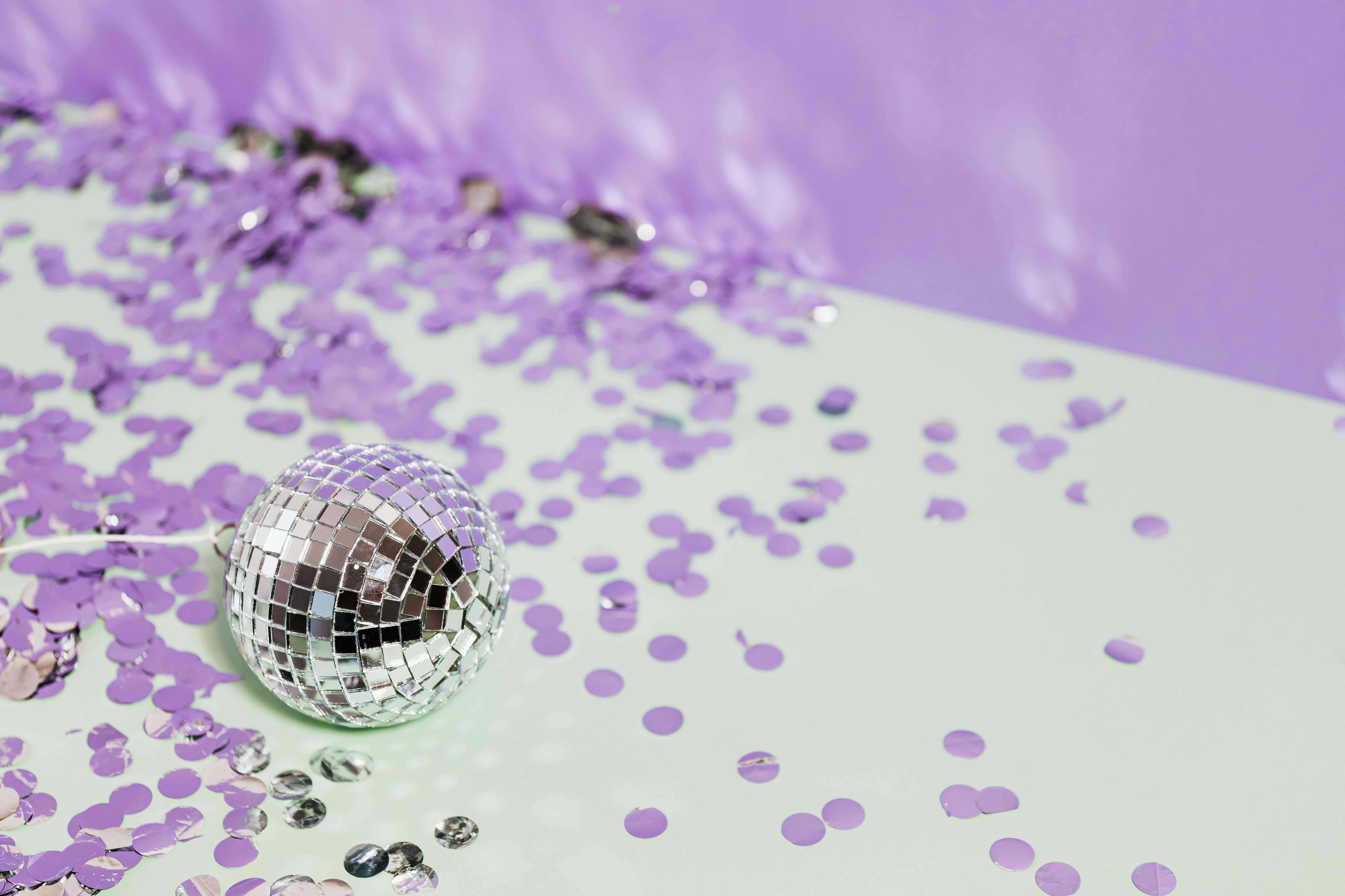 disco ball, purple confetti, light green surface, 5K Desktop Wallpaper