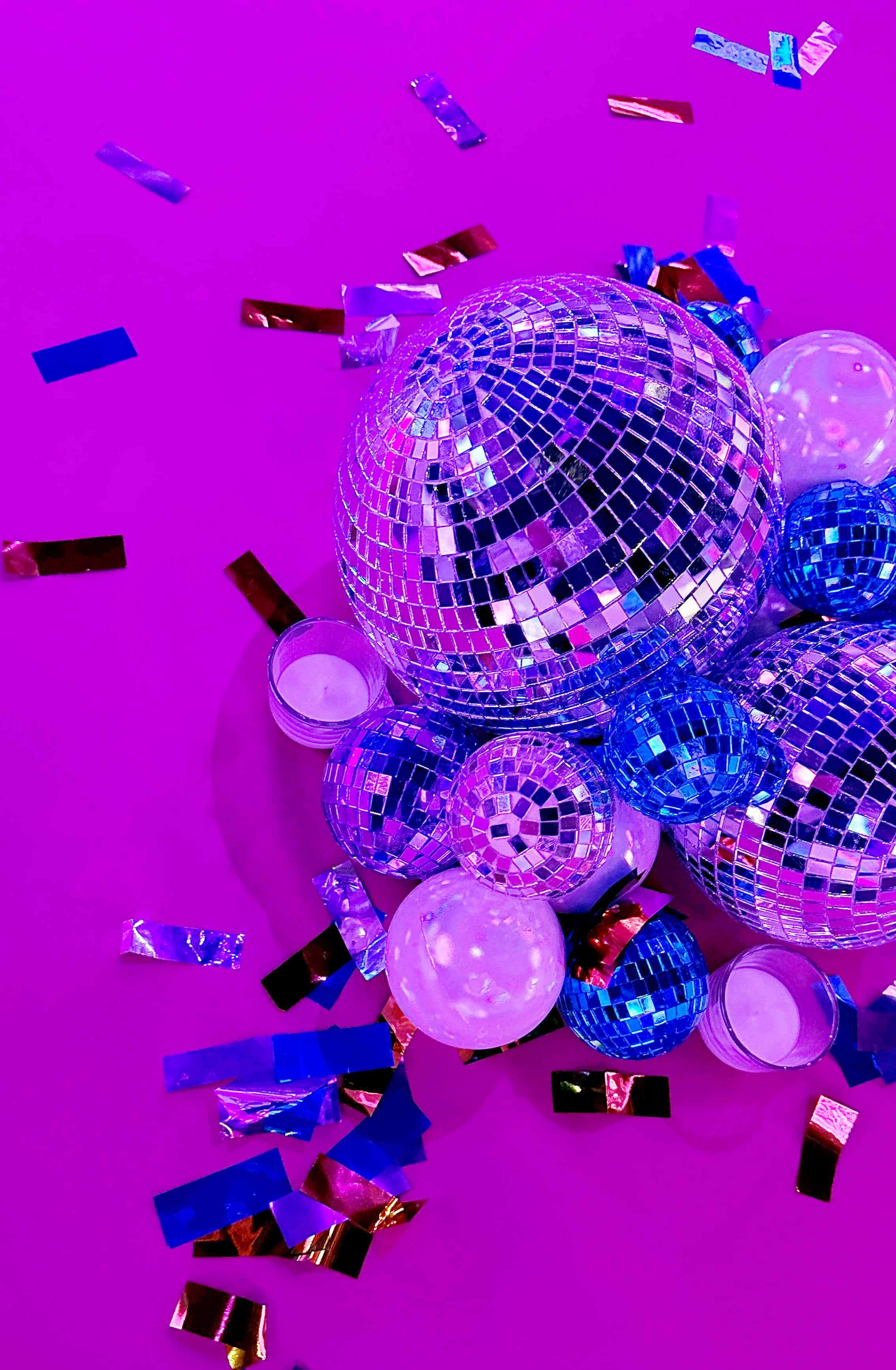 disco ball, vibrant pink background, colorful confetti, 2K Phone Wallpaper