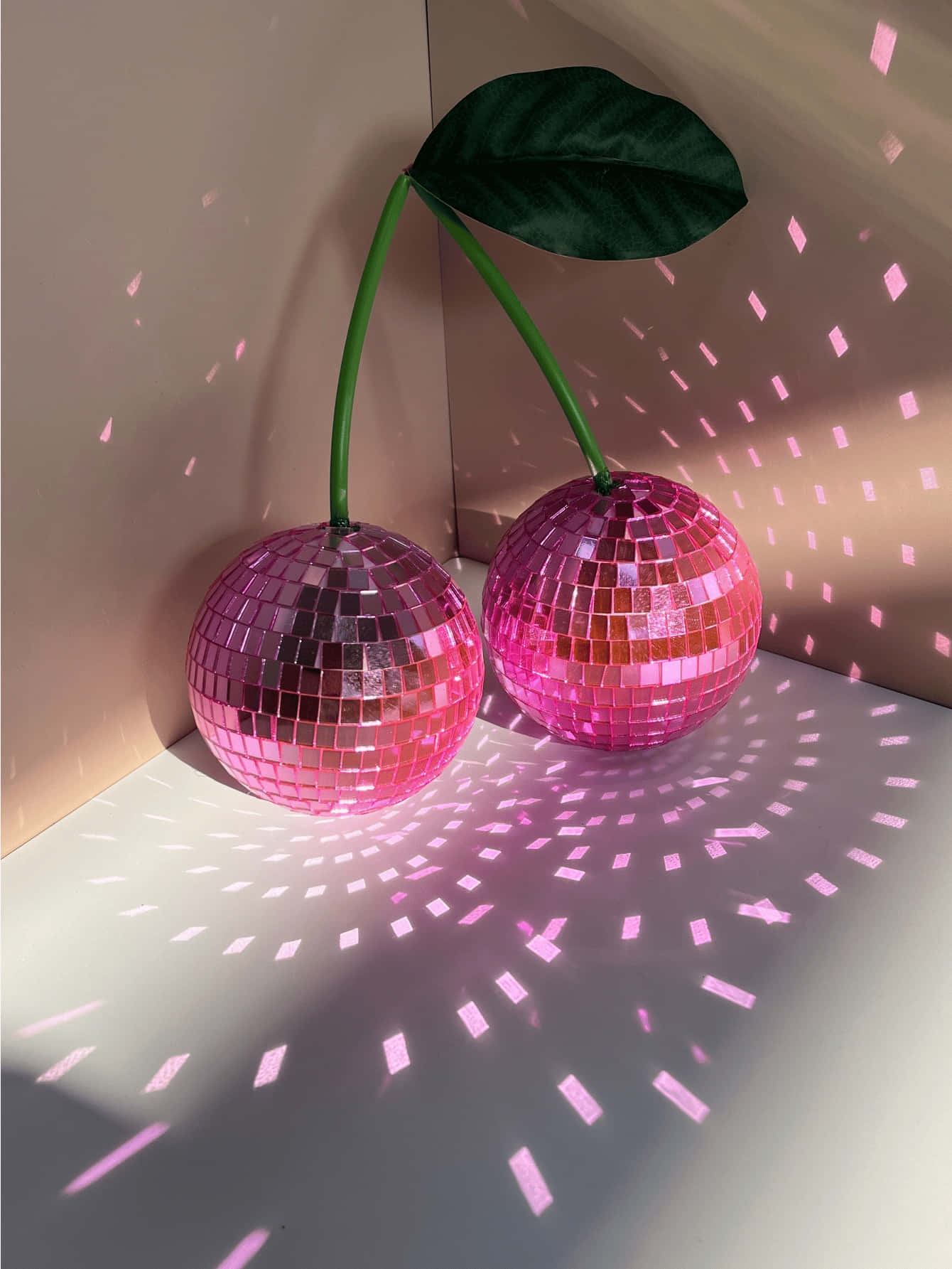 pink disco ball, green stems, leaf, HD Phone Wallpaper