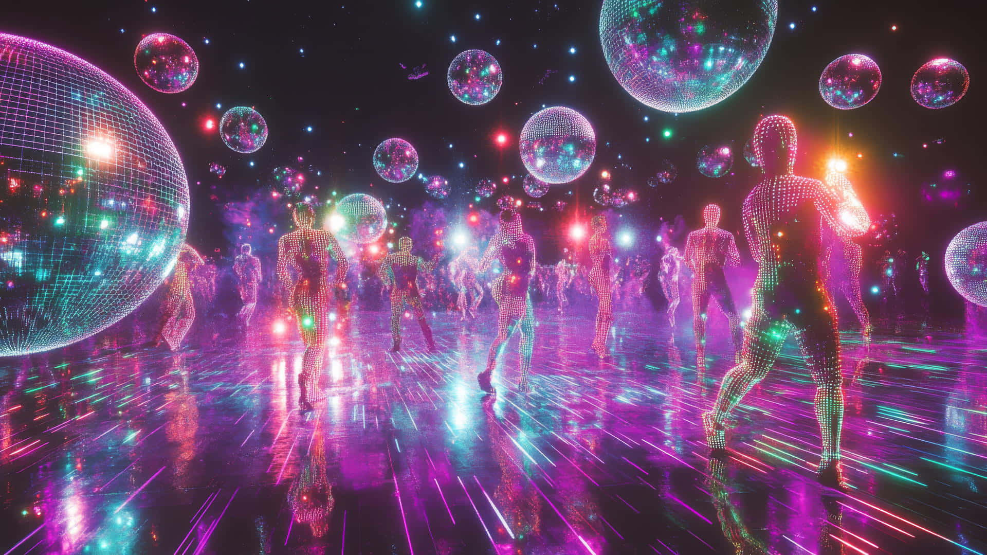 disco ball, neon-lit dancers, futuristic club, Full HD Desktop Wallpaper