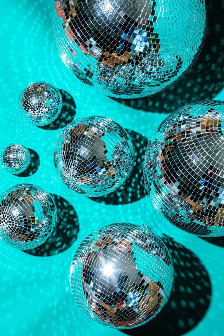 disco balls, shiny silver, vibrant turquoise surface, SD Phone Wallpaper