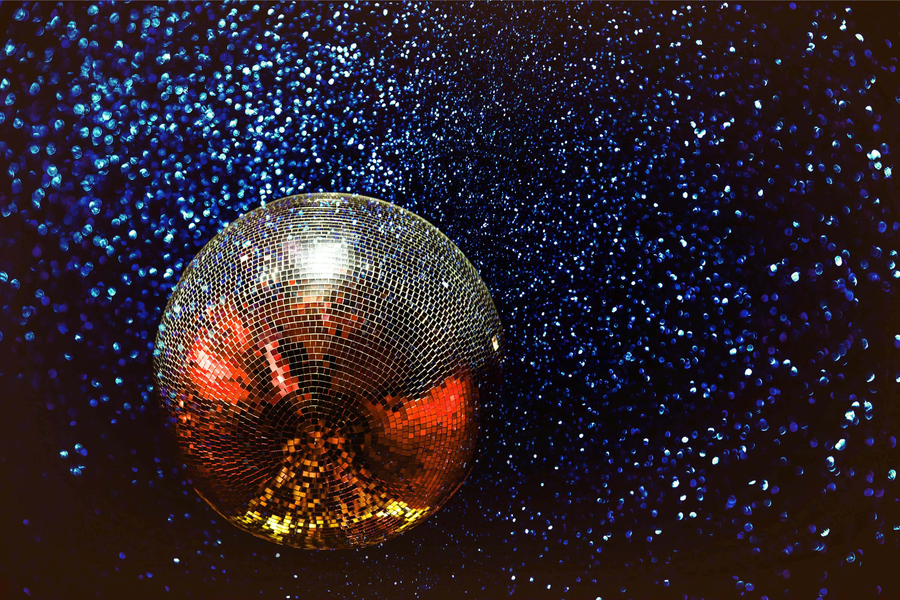 shimmering disco ball, warm lights, sparkling blue background, 2K Desktop Wallpaper