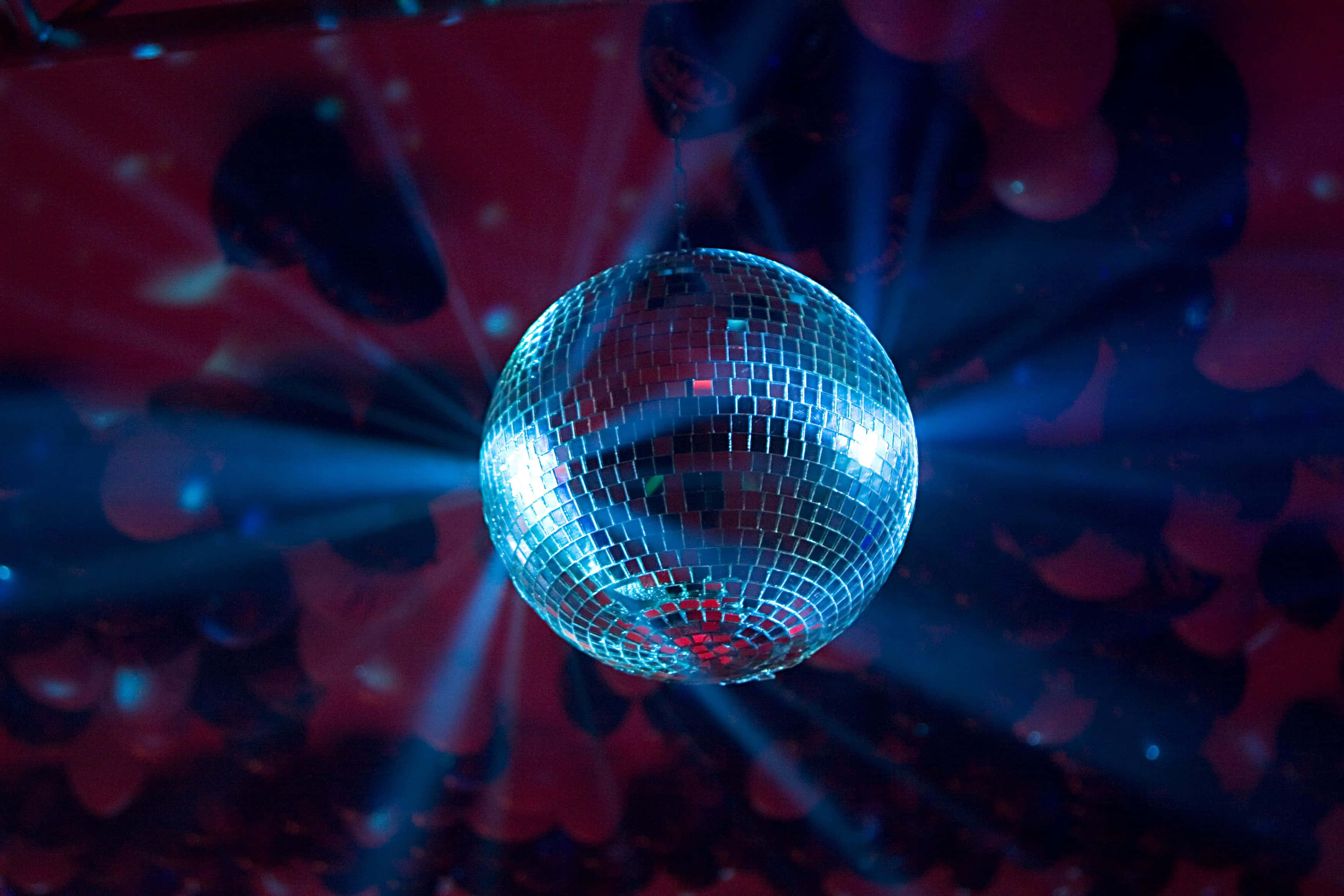 disco ball, vibrant blue, red lights, 2K Desktop Wallpaper