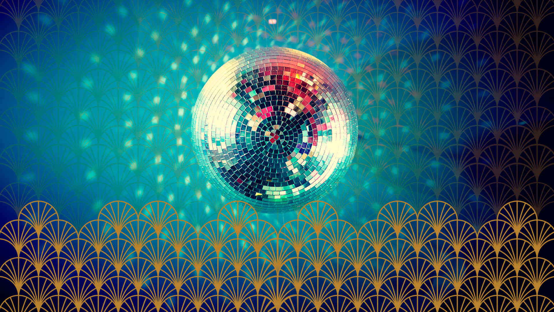 disco ball, teal blue background, golden fan patterns, Full HD Desktop Wallpaper