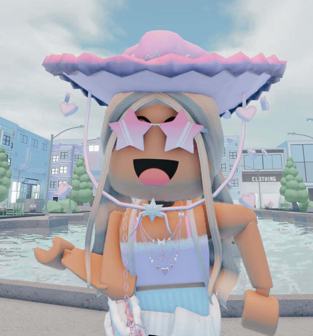 Roblox avatar, pastel pink and blue outfit, oversized hat, SD Phone Wallpaper