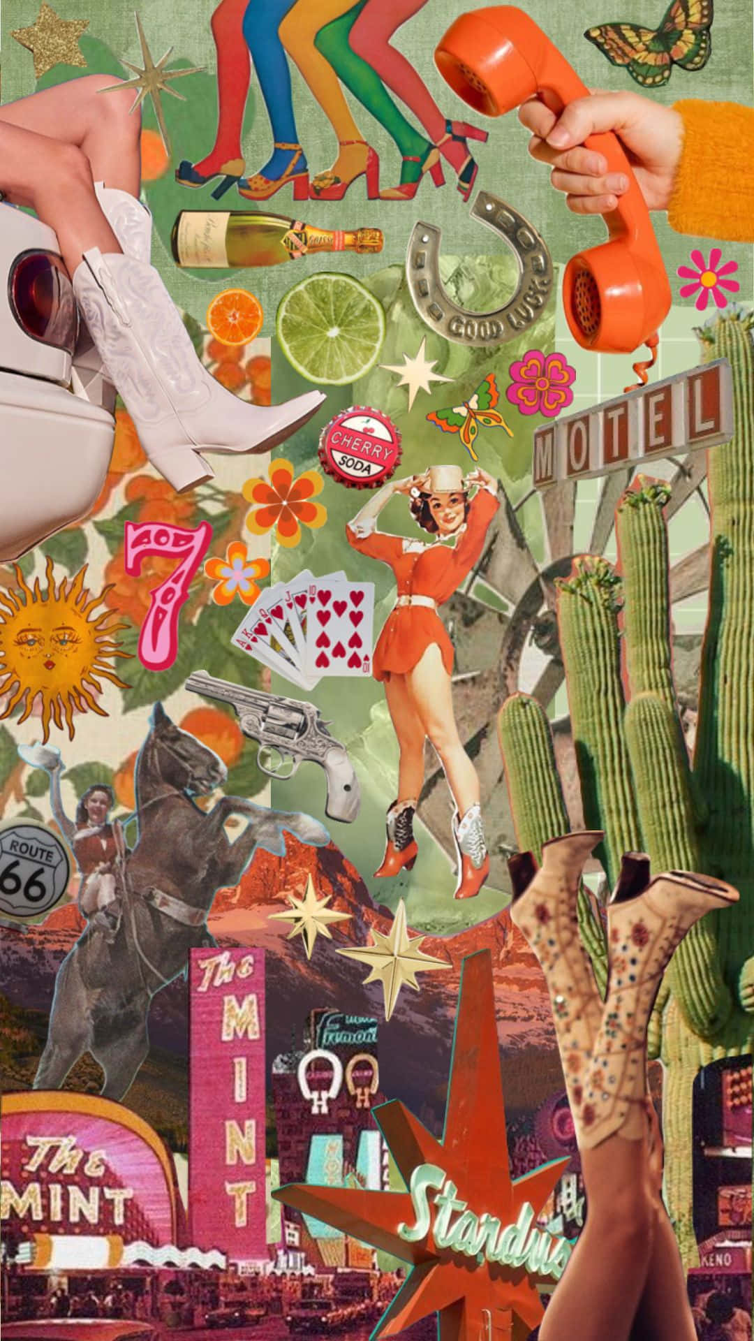 Disco Cowgirl Collage Aesthetic, cowboy boots, neon signs, Full HD Phone Wallpaper