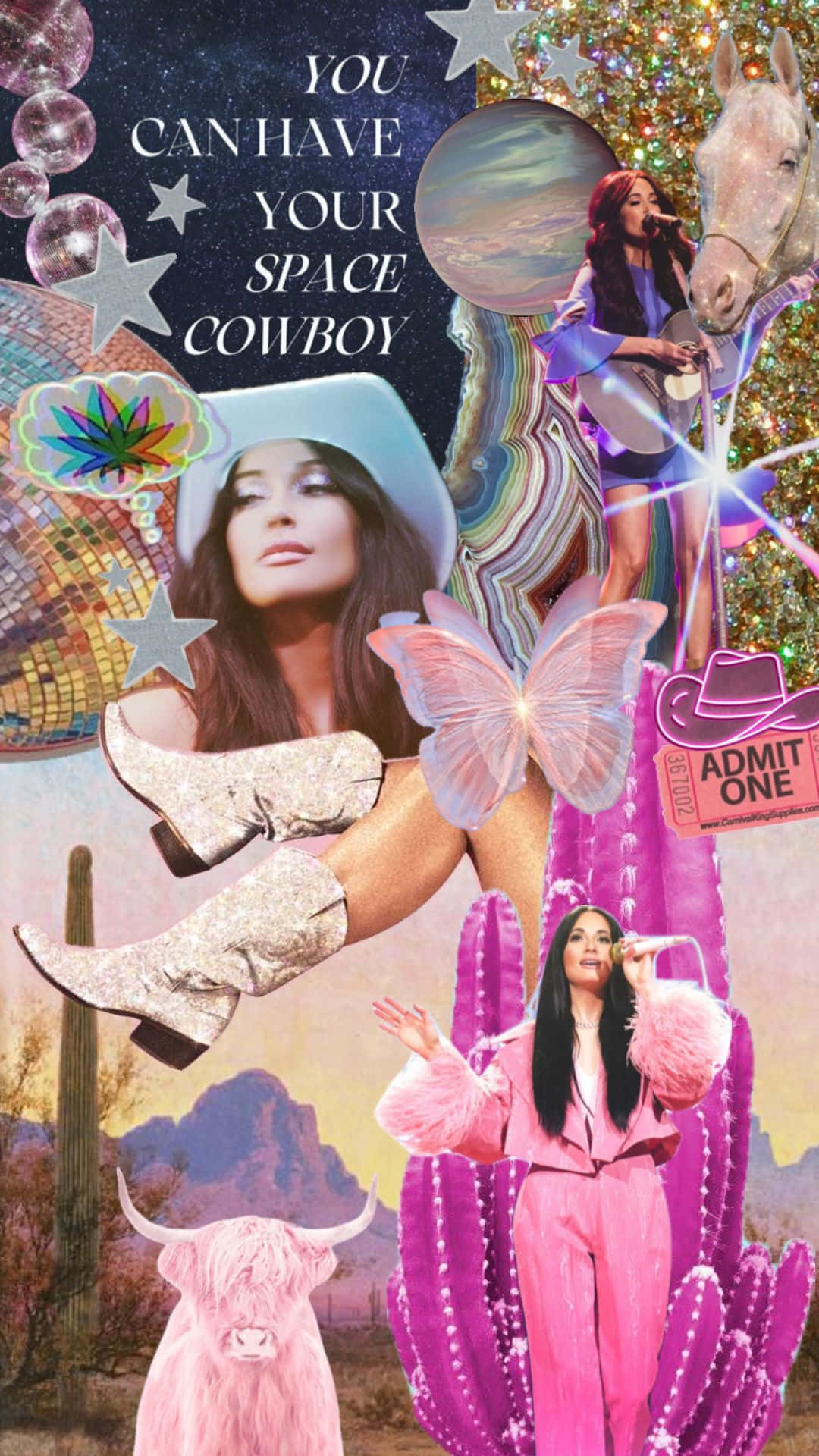 Disco Cowgirl Collage Aesthetic, glittering cowboy boots, pink cacti, Full HD Phone Wallpaper