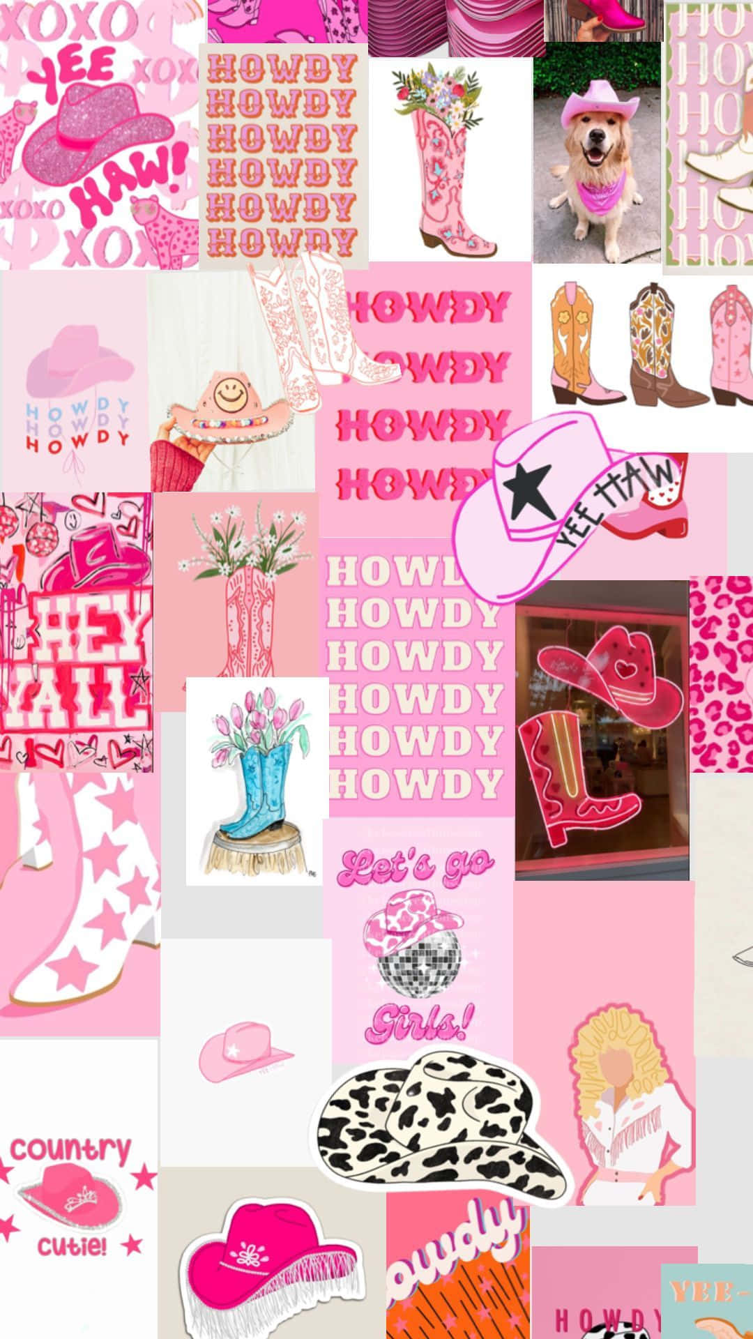 Disco Cowgirl Collage Aesthetic, pink, cowboy boots, Full HD Phone Wallpaper