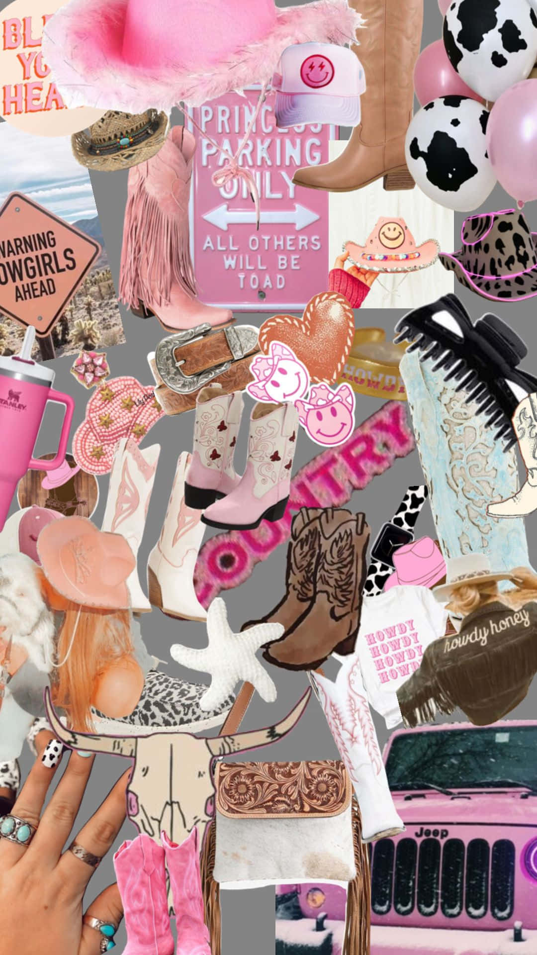 Disco Cowgirl Collage Aesthetic, pink cowboy boots, pink hat, Full HD Phone Wallpaper