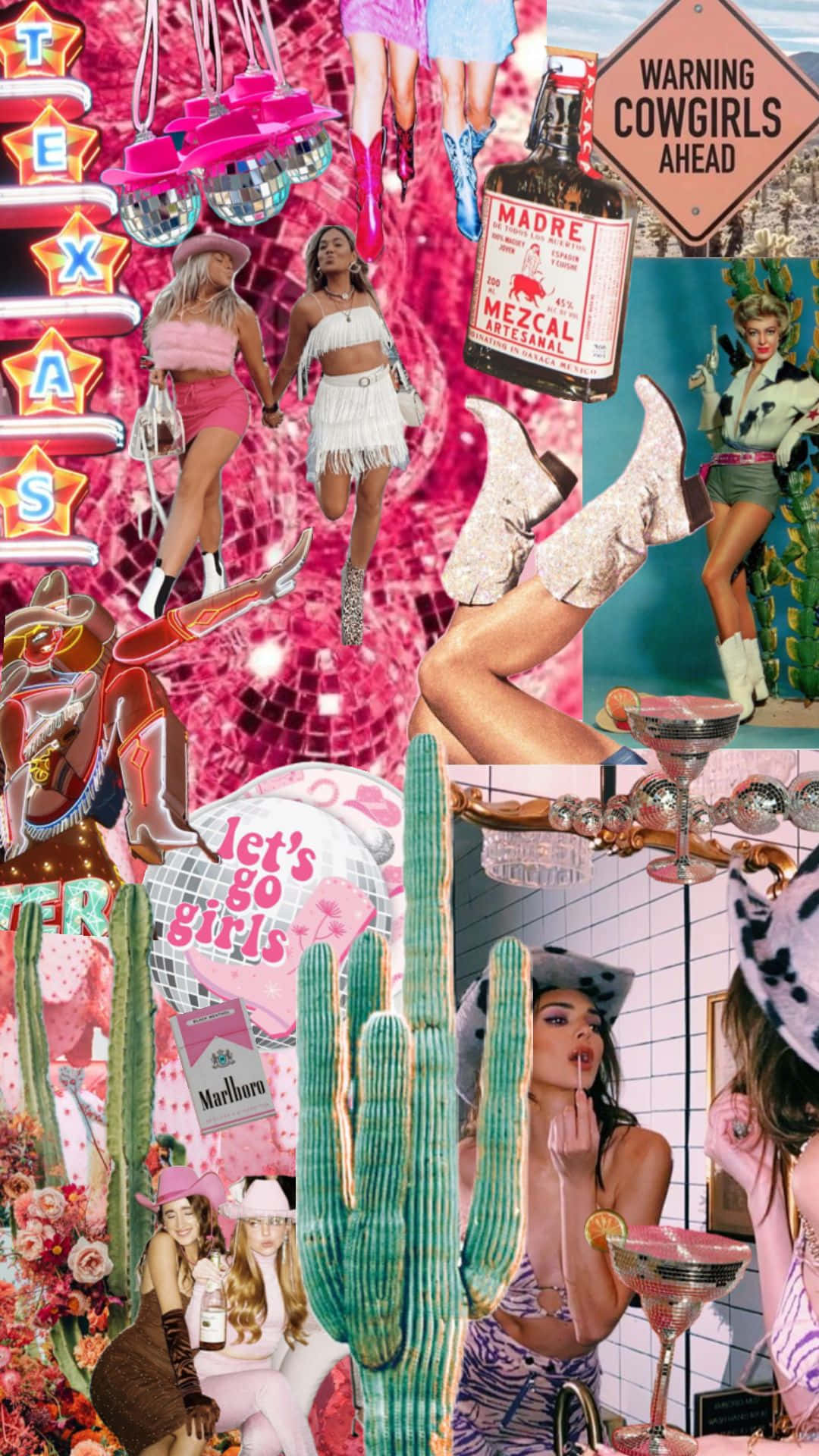 Disco Cowgirl Collage Aesthetic, pink, turquoise, Full HD Phone Wallpaper