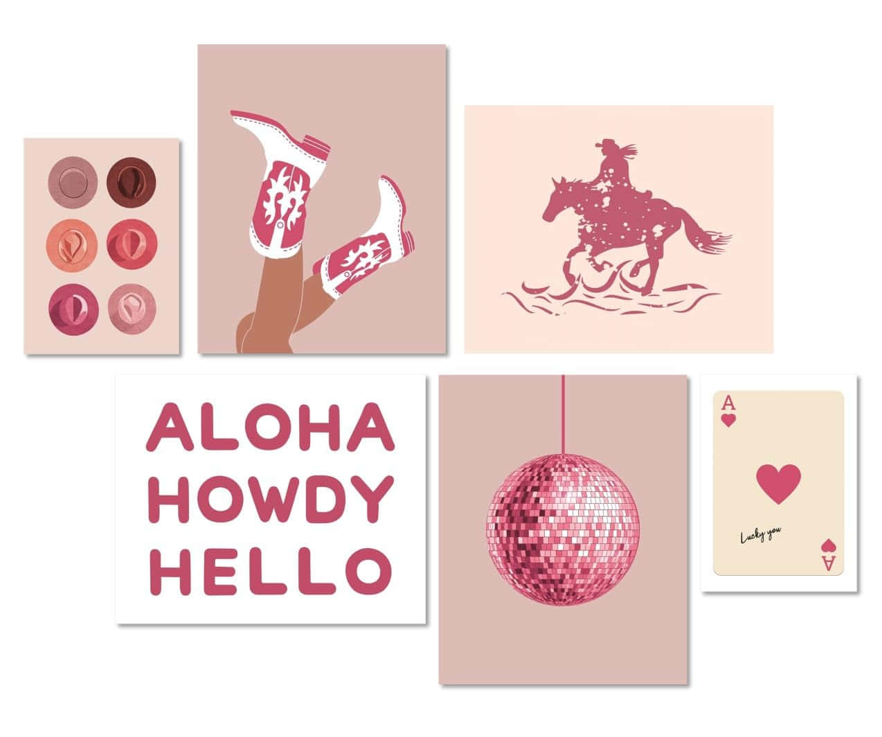 Disco Cowgirl Aesthetic, pink-themed illustrations, cowboy boots, SD Desktop Wallpaper