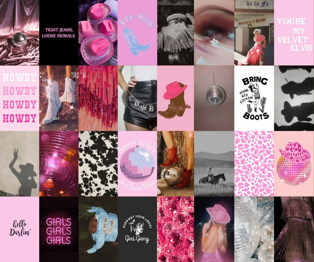 Disco Cowgirl Aesthetic, pink cowboy boots, disco balls, SD Desktop Wallpaper