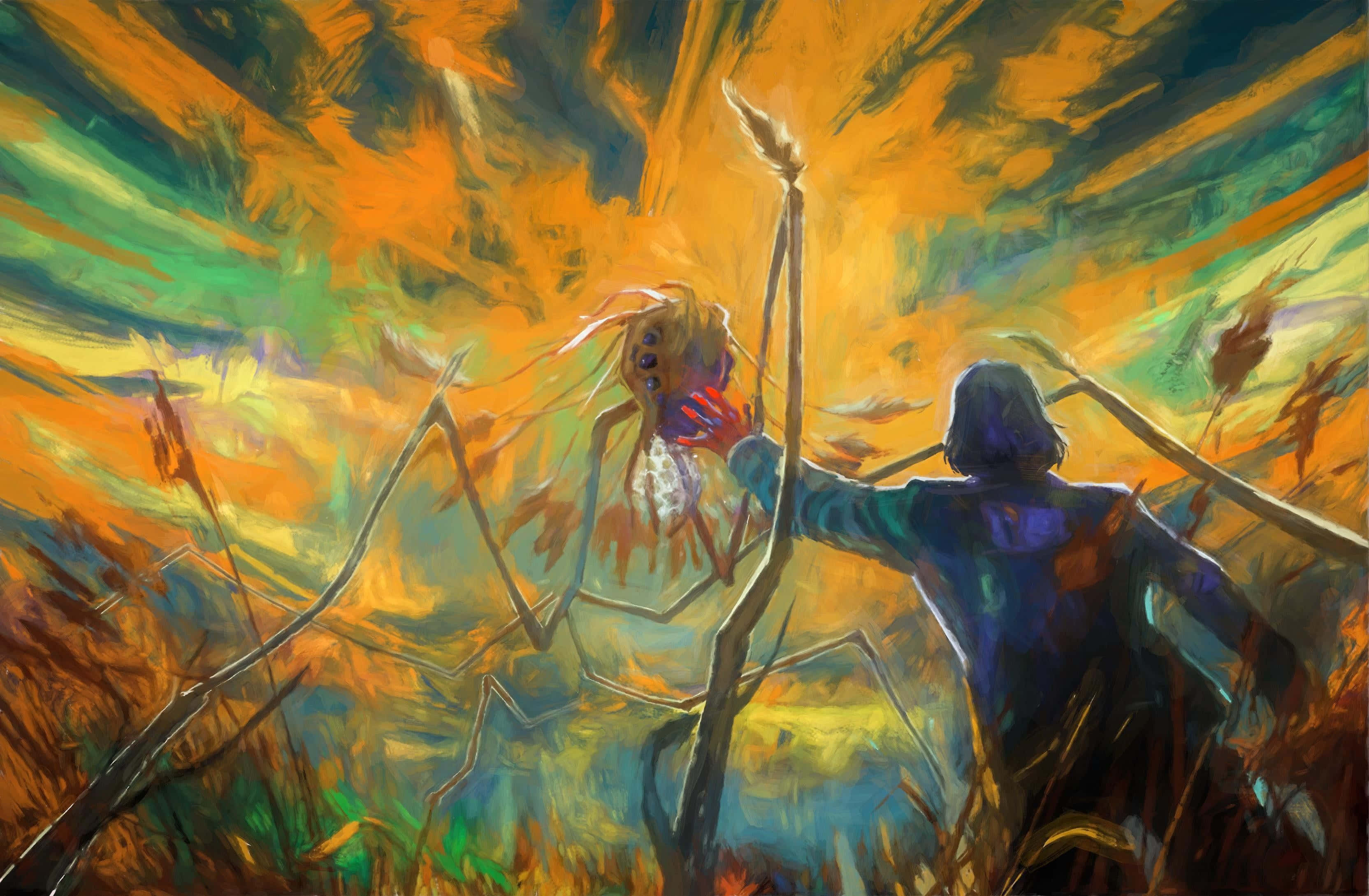 Disco Elysium, dark coat, glowing, ethereal creature, 2K Desktop Wallpaper