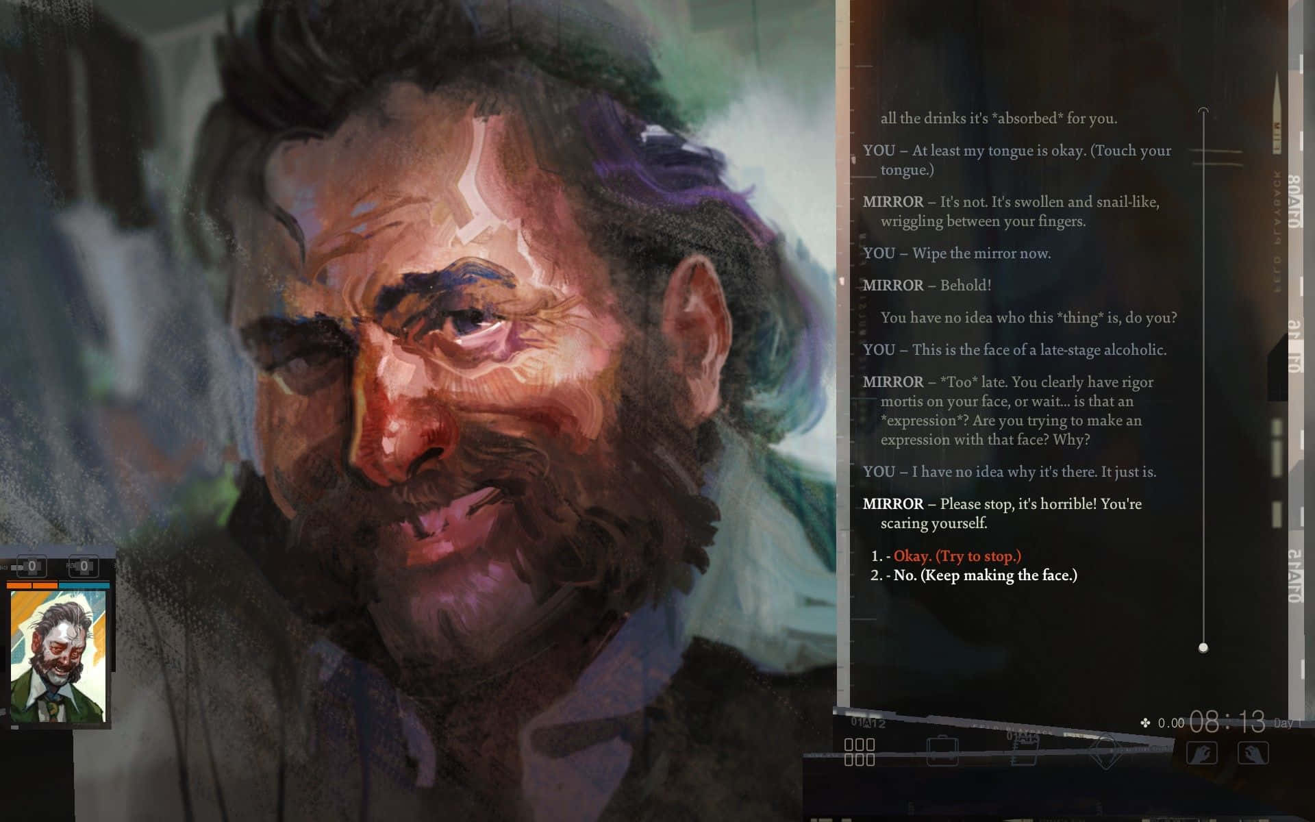 Disco Elysium, mirror scene, bearded man, Full HD Desktop Wallpaper