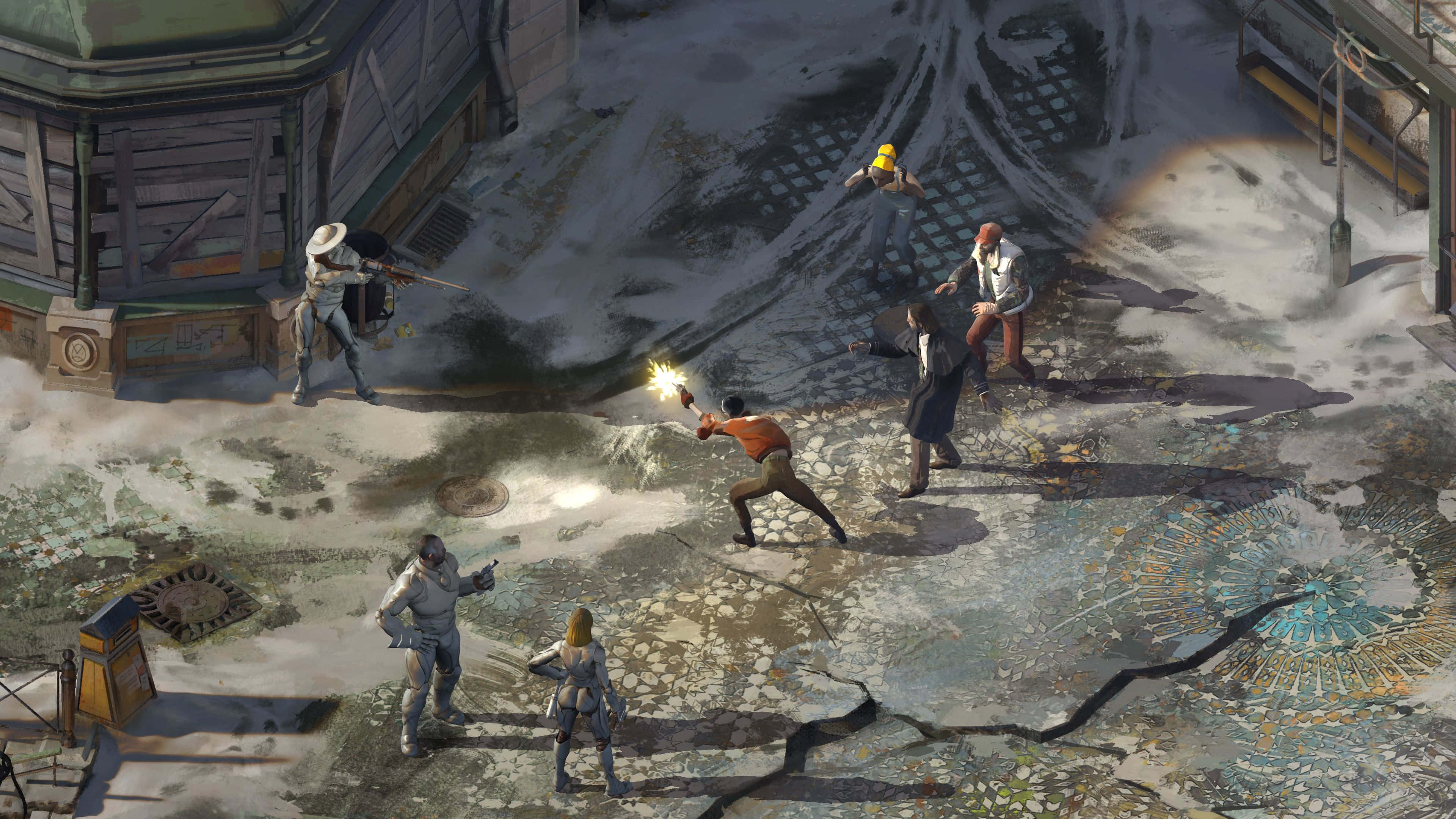 Disco Elysium, standoff scene, gritty urban alley, 4K Desktop Wallpaper