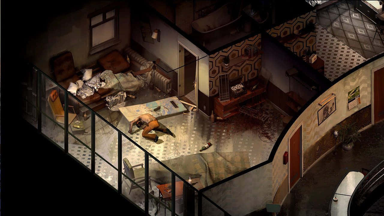 Disco Elysium, starting room scene, overhead view, HD Desktop Wallpaper
